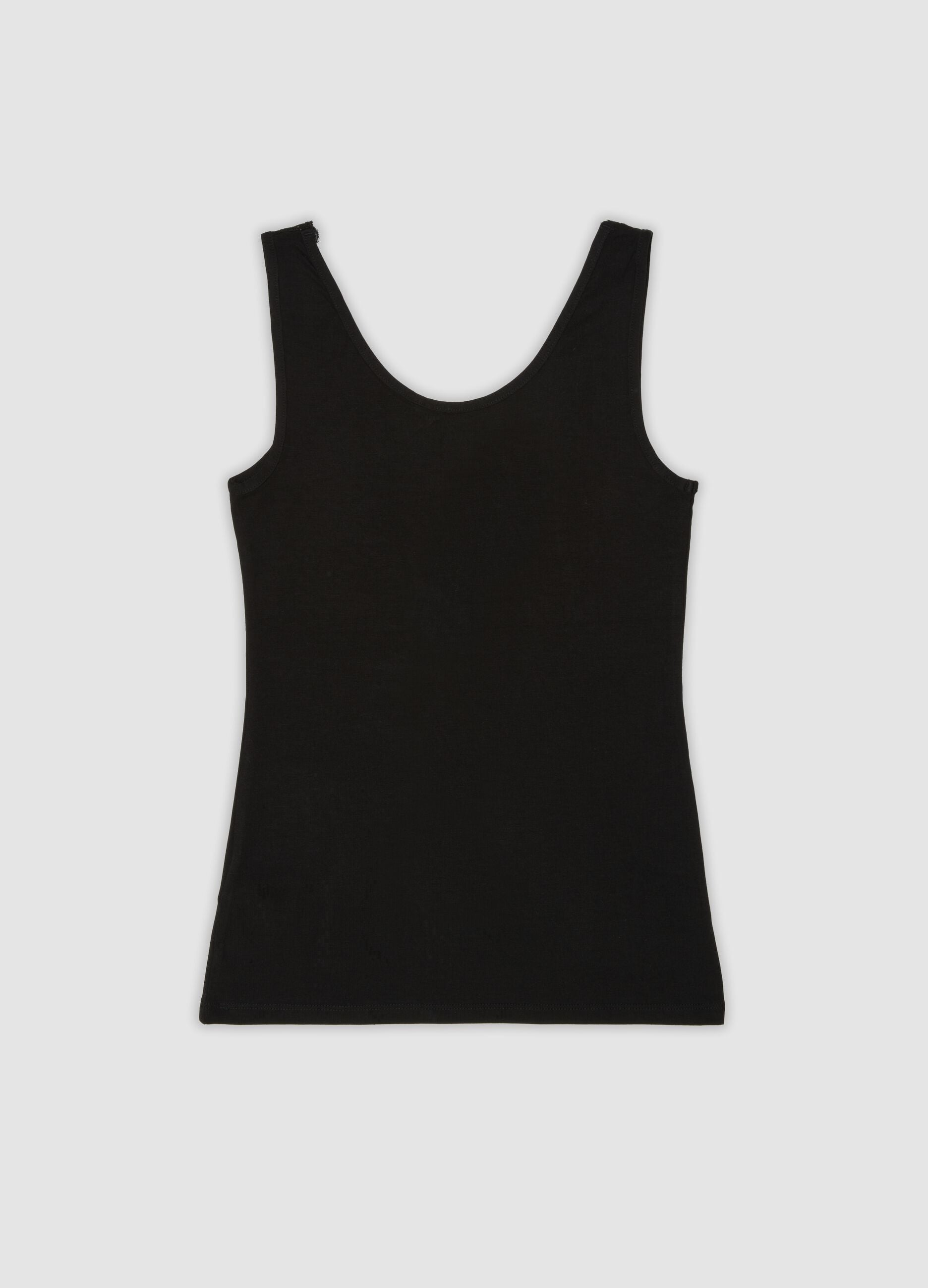 Black stretch viscose vest top with deep V-neck lace trim