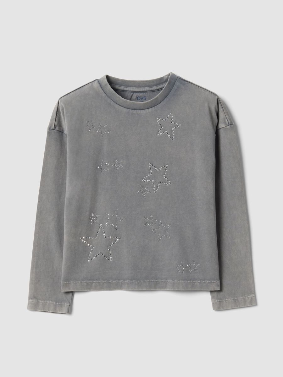 Grey pure cotton crew-neck T-shirt with rhinestone stars for girls_0