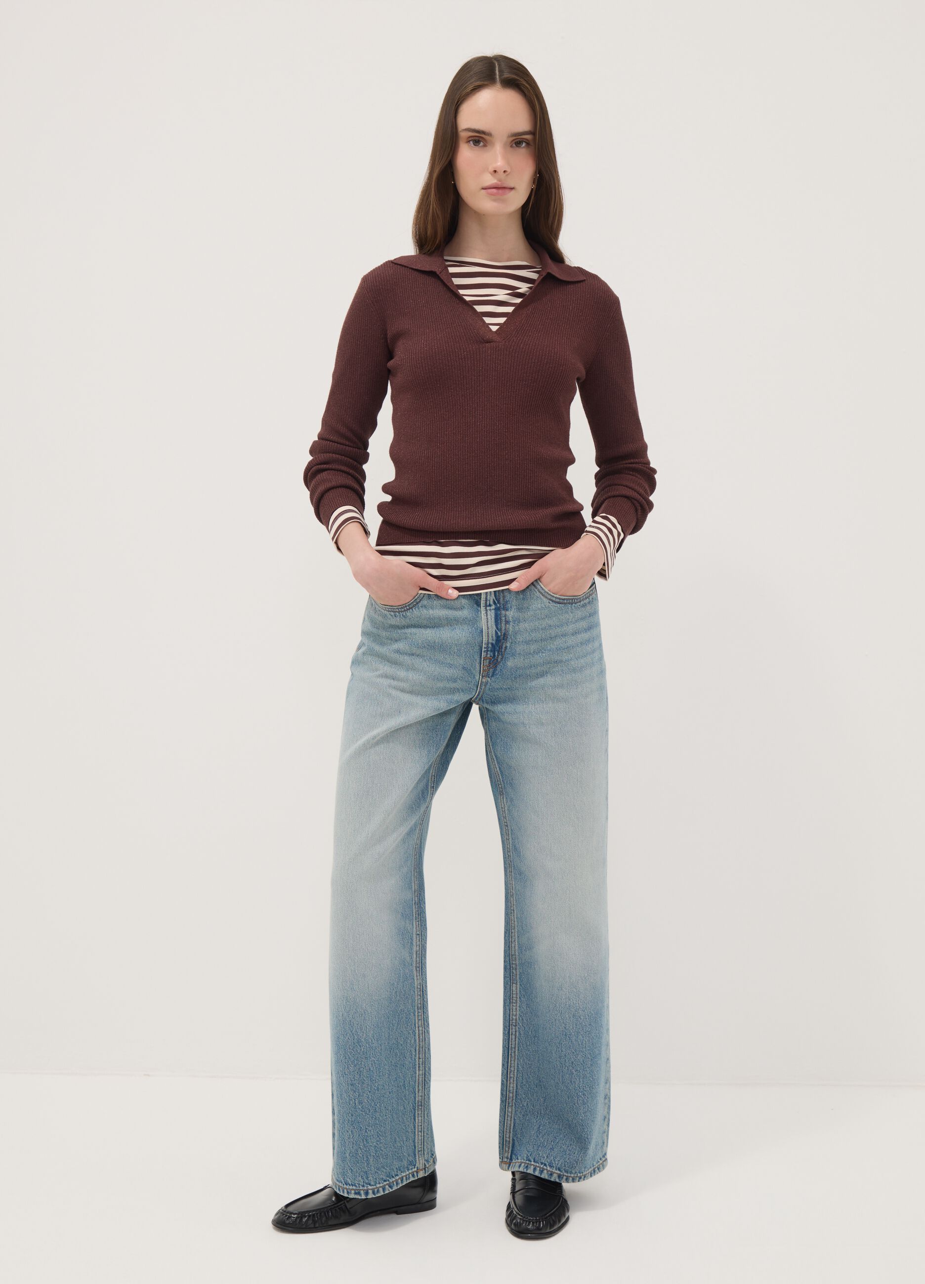 Brown ribbed viscose-blend polo-collar top