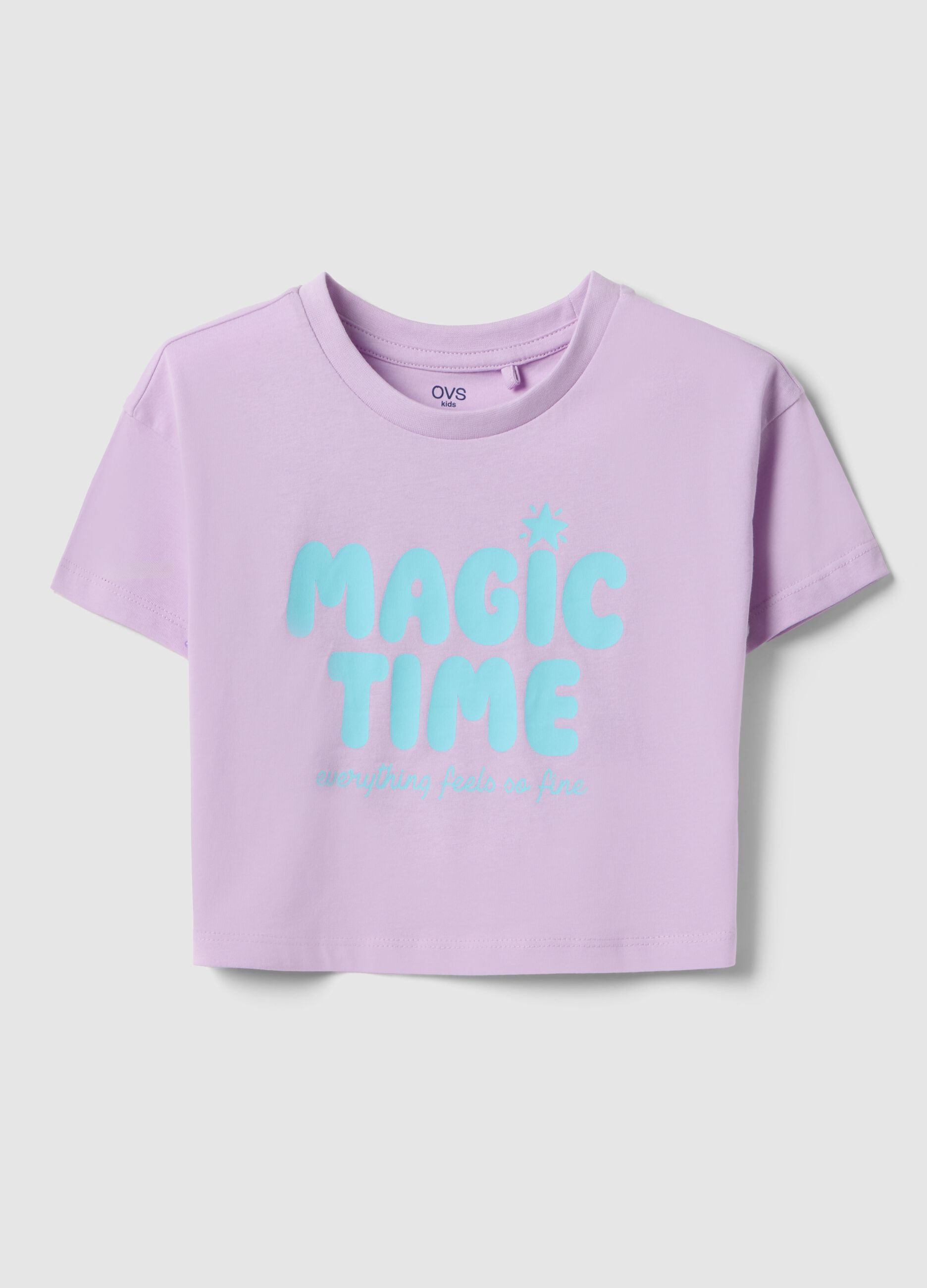 Girls' violet pure cotton boxy fit T-shirt with print