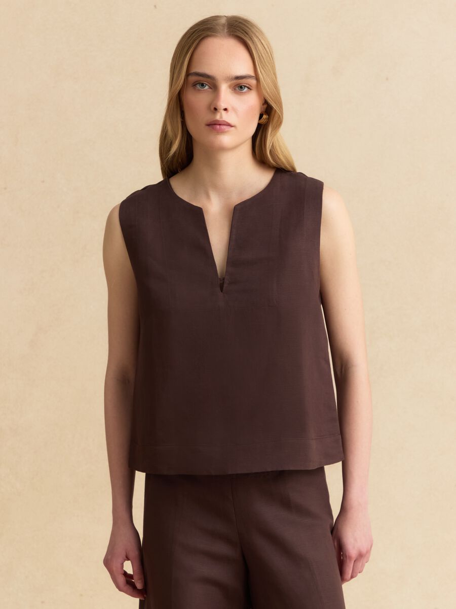 Brown oversized top in linen and viscose blend_1