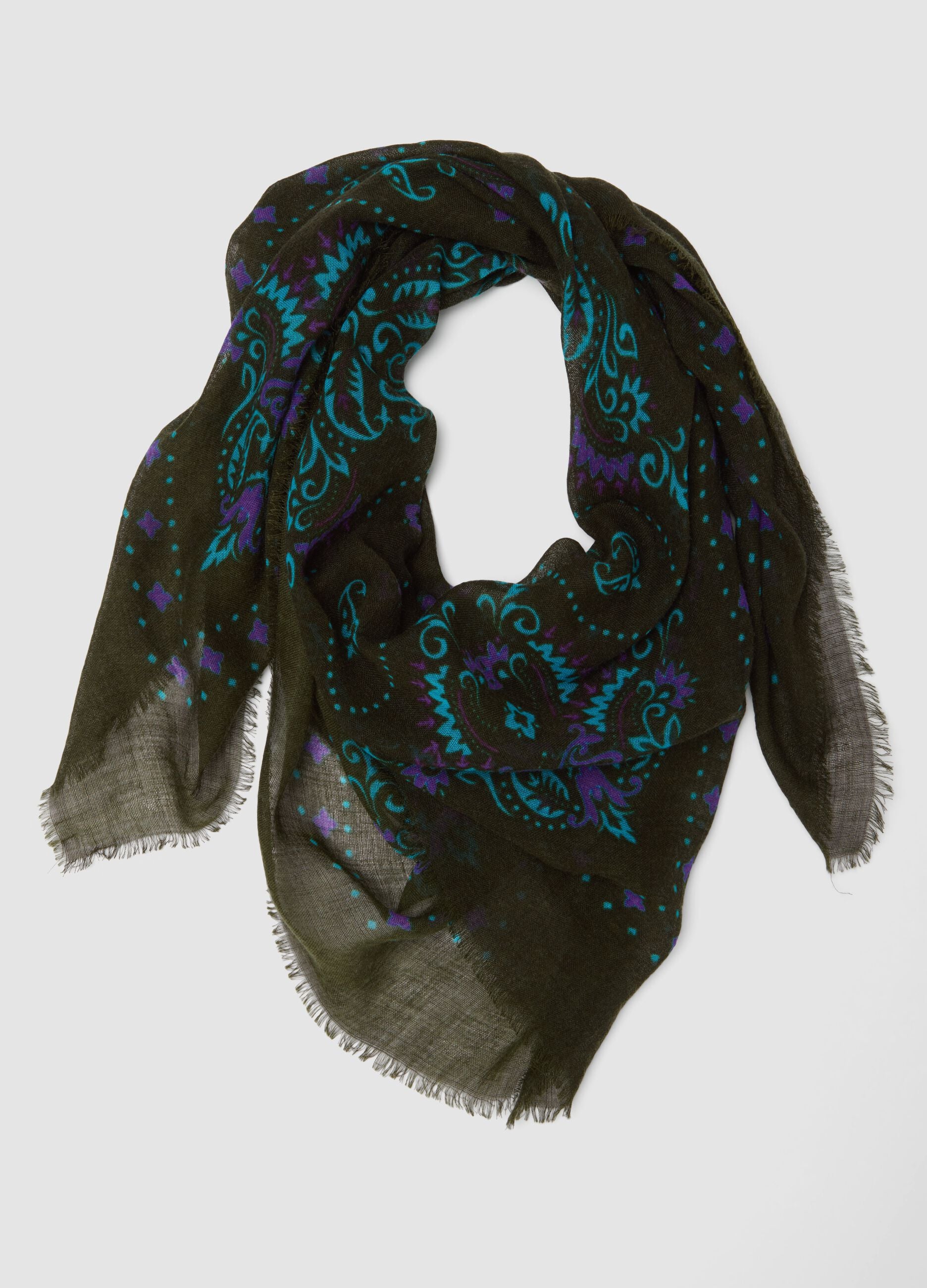 Green wool-blend paisley print scarf