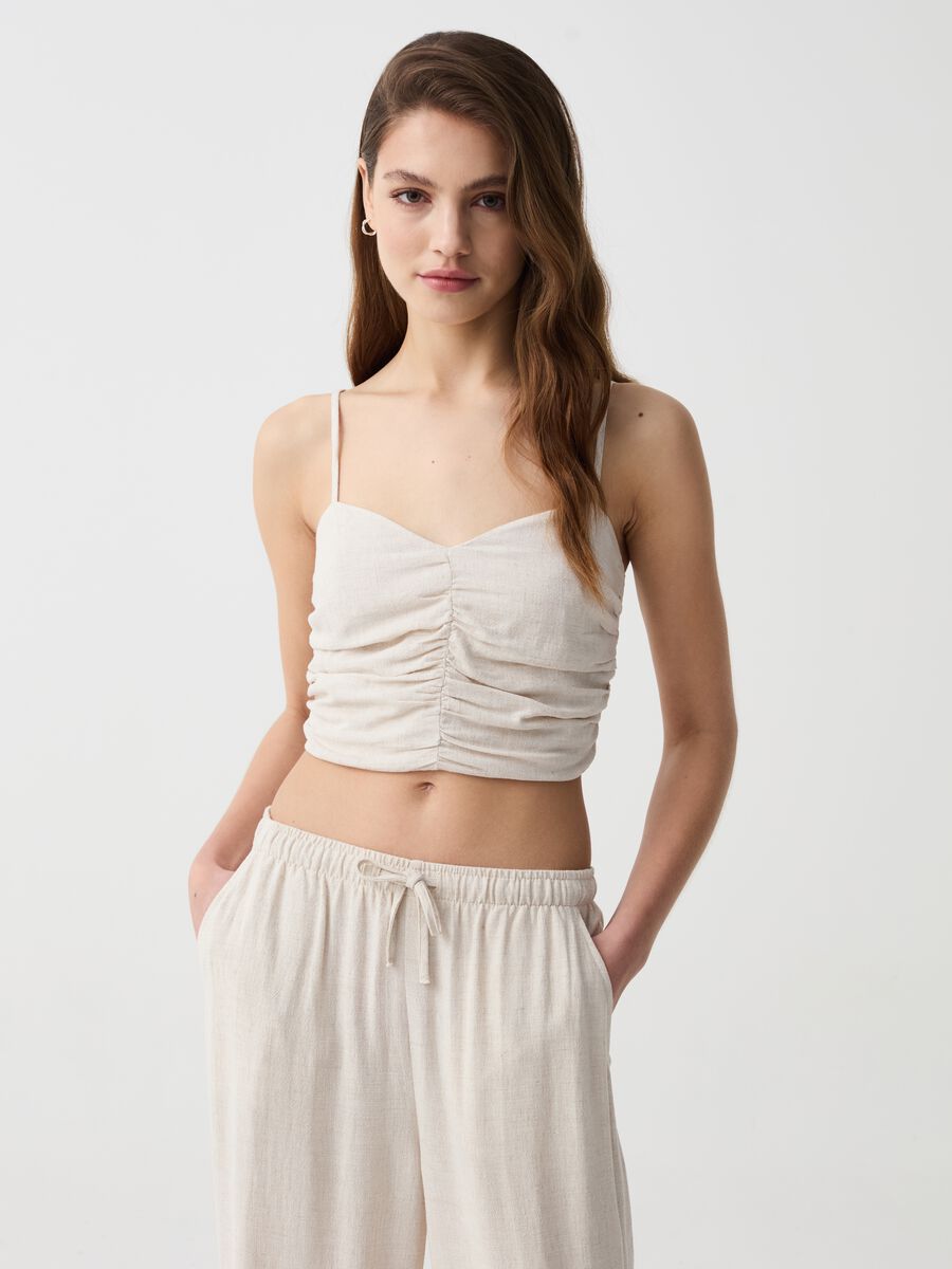 Viscose and linen crop top with gathering_0