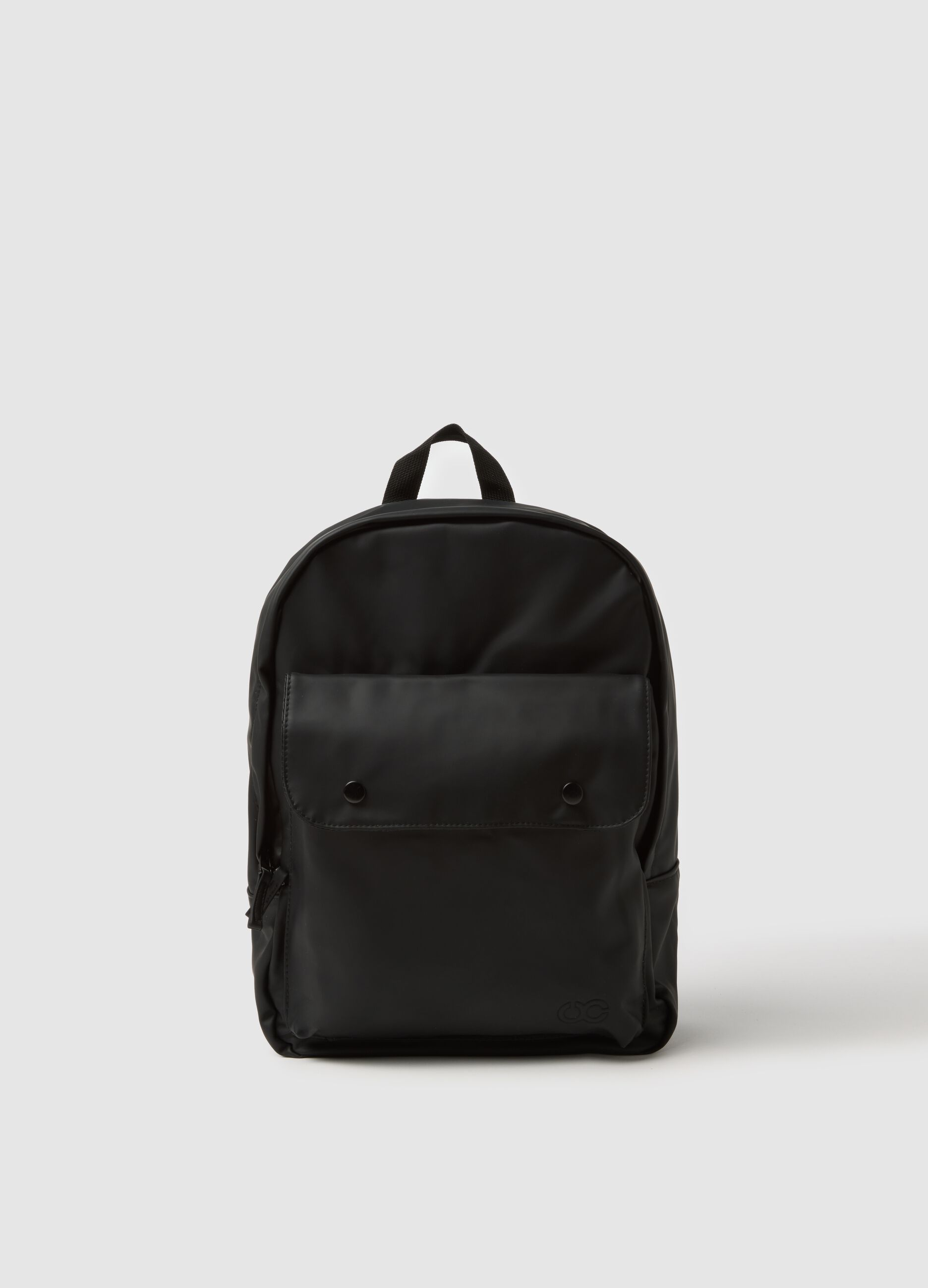 Black backpack with adjustable shoulder straps and front pocket
