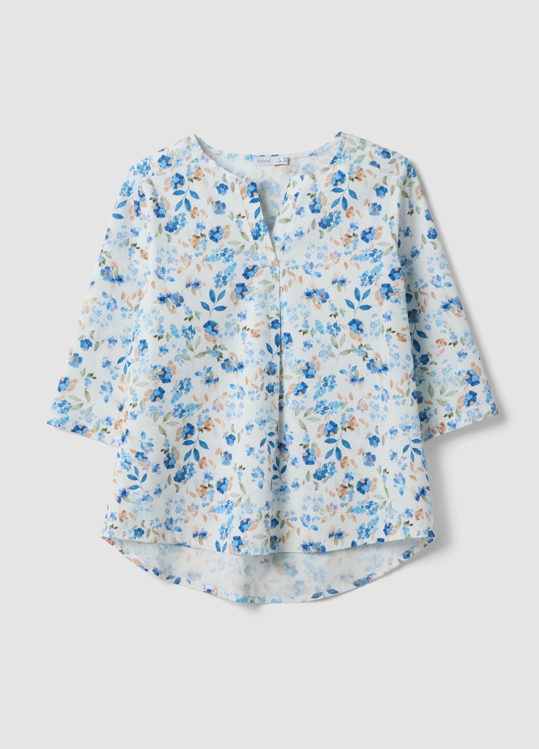 White floral stretch cotton blouse, regular fit