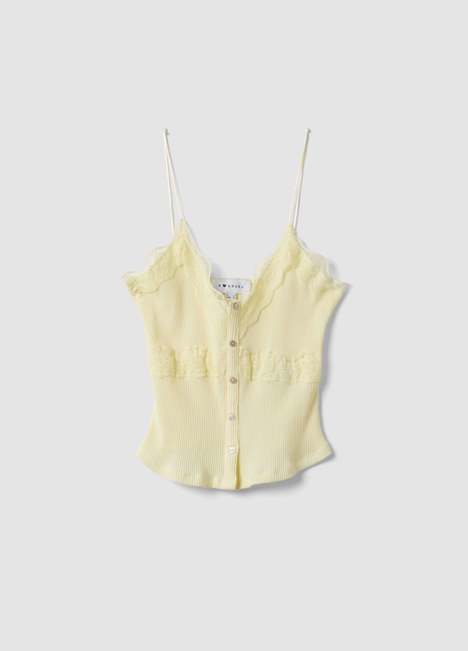 Yellow stretch cotton fitted lace top