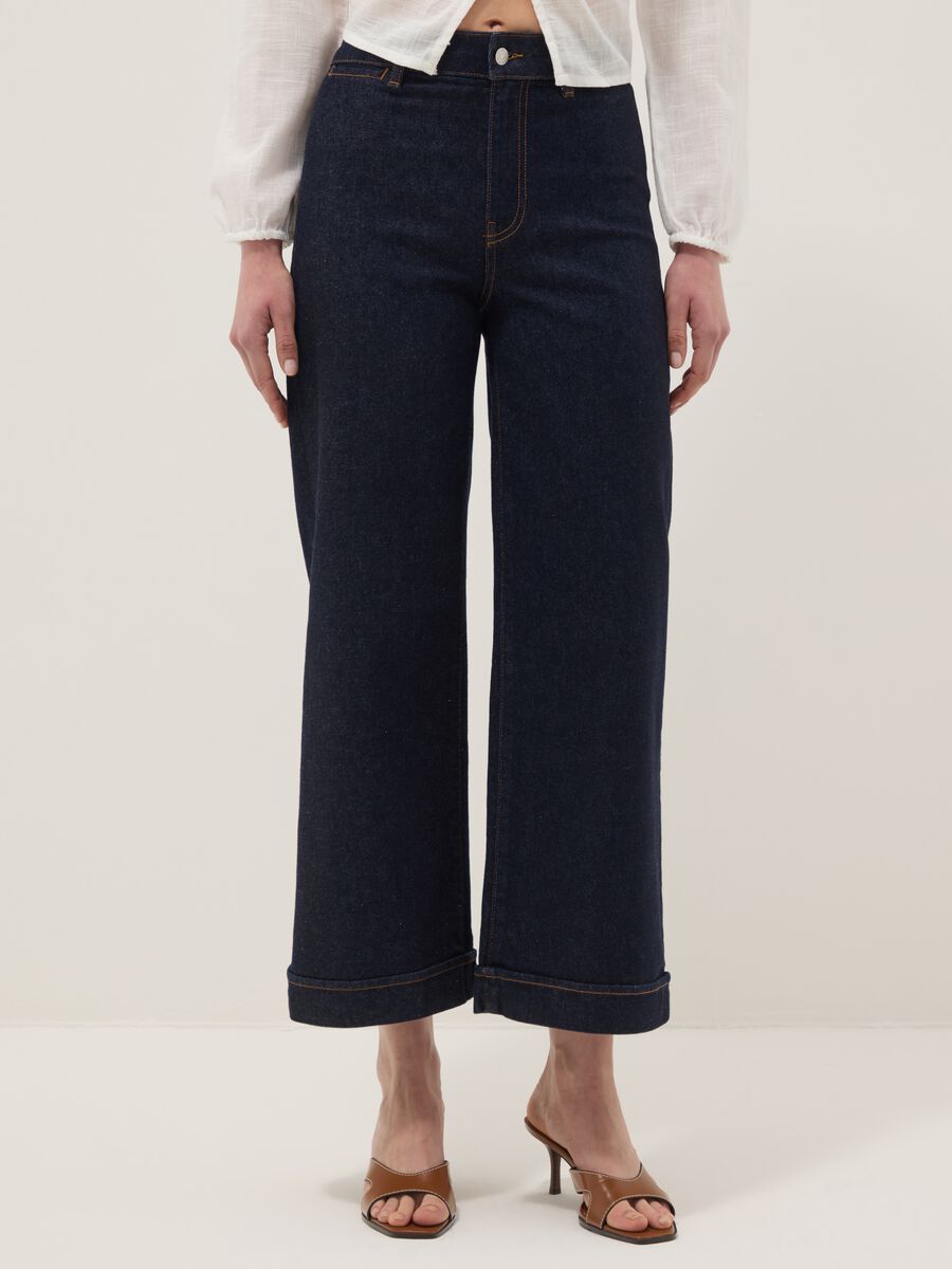 Wide leg stretch denim jeans in blue cotton_1