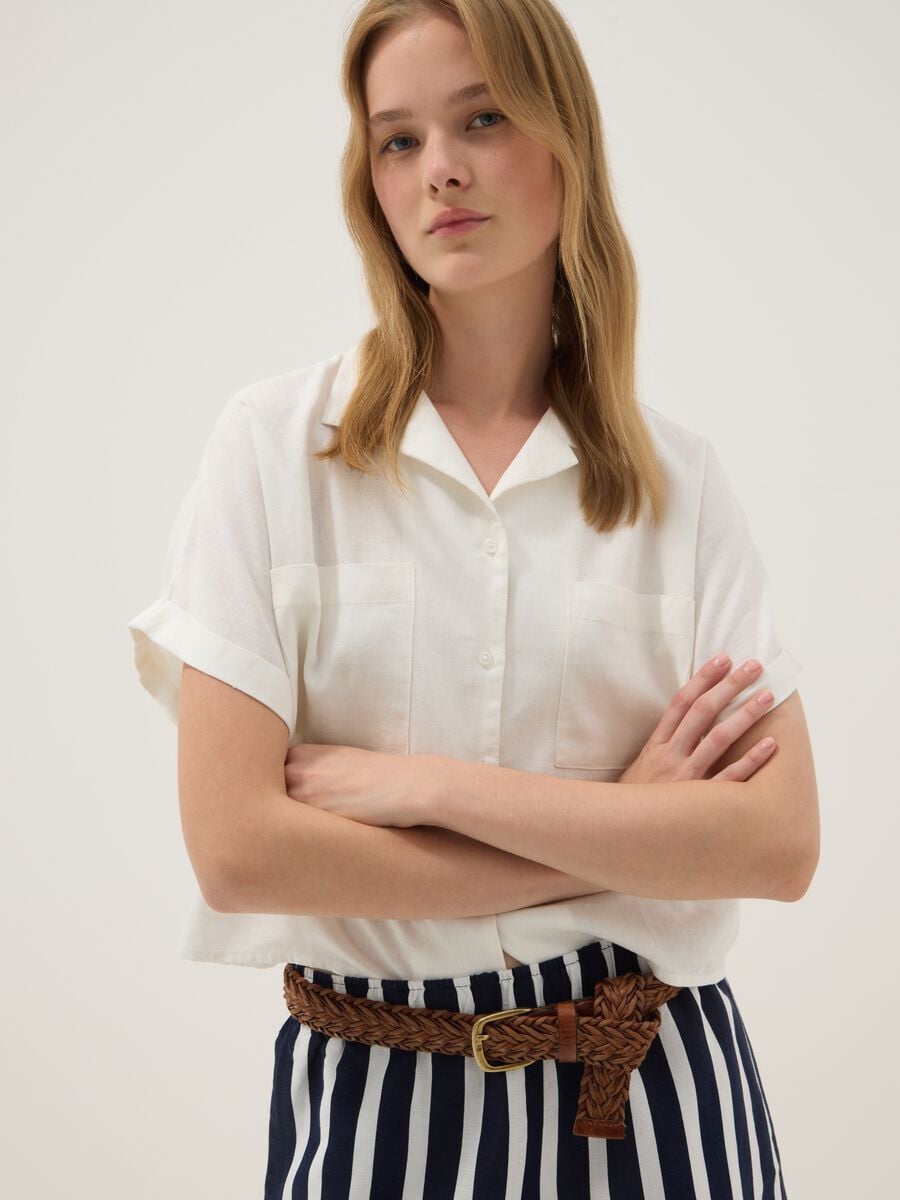White regular-fit linen and viscose blend shirt_0
