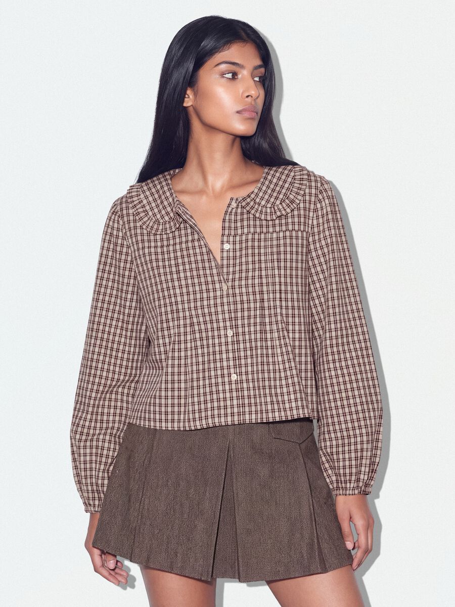 Brown checked cotton-blend poplin shirt_0