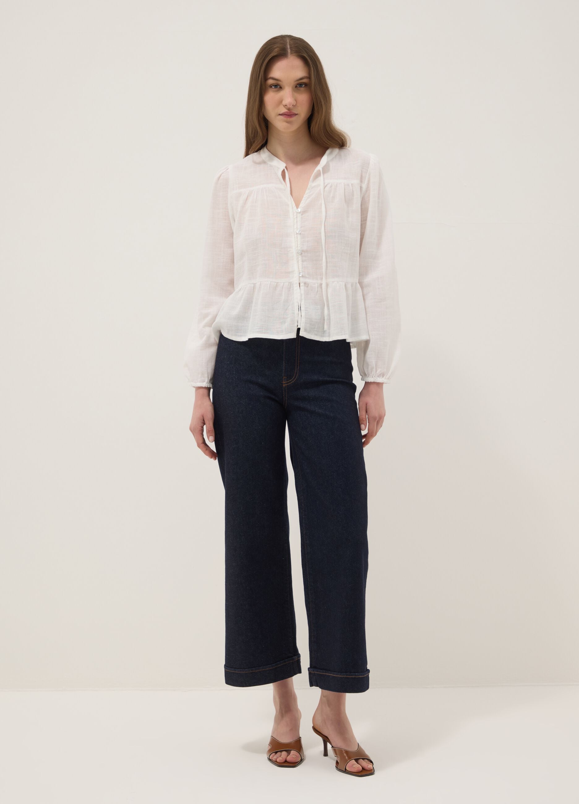 Wide leg stretch denim jeans in blue cotton