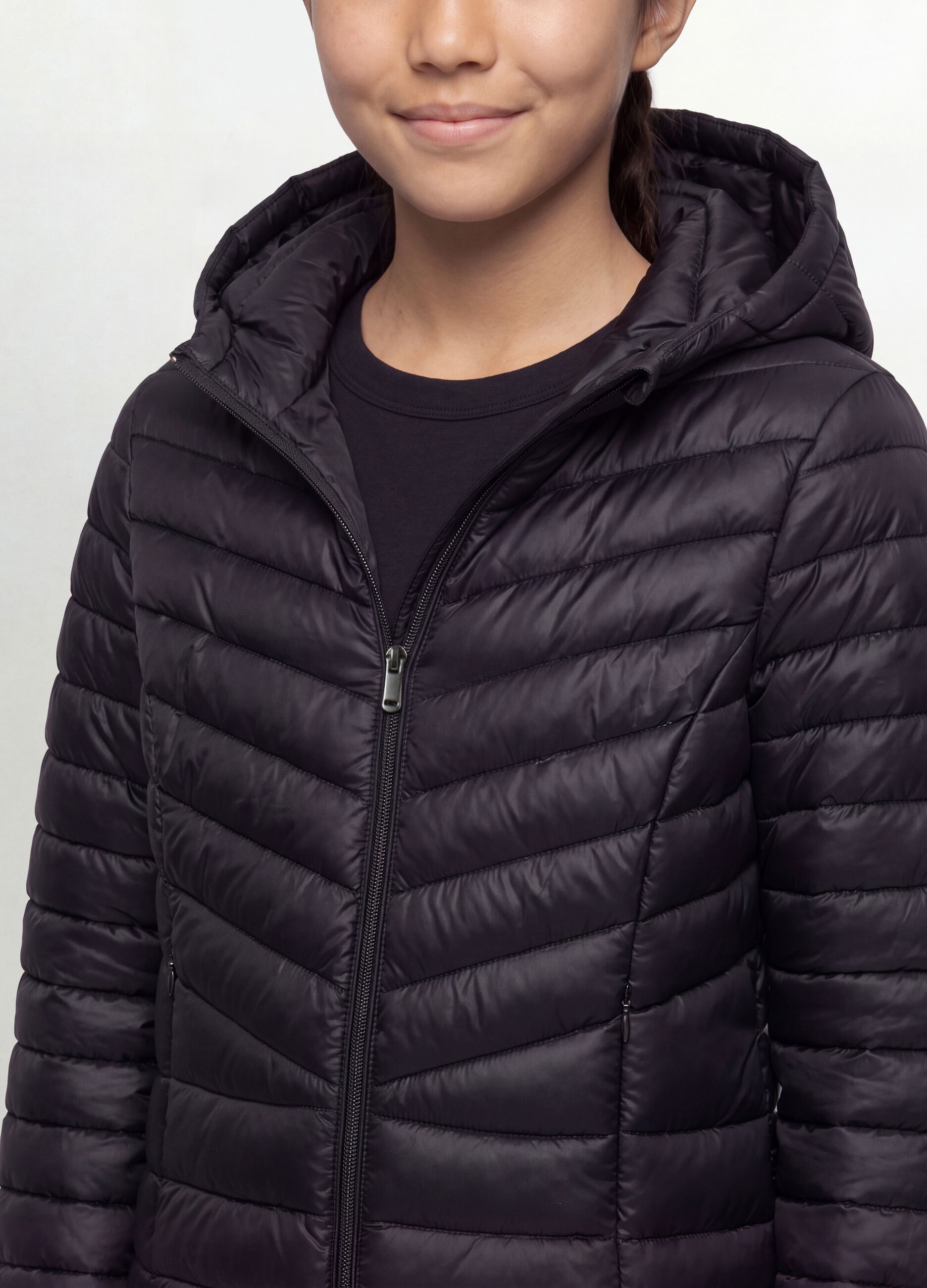 Girls&rsquo; Black Ultralight Padded Jacket with Hood and Zip