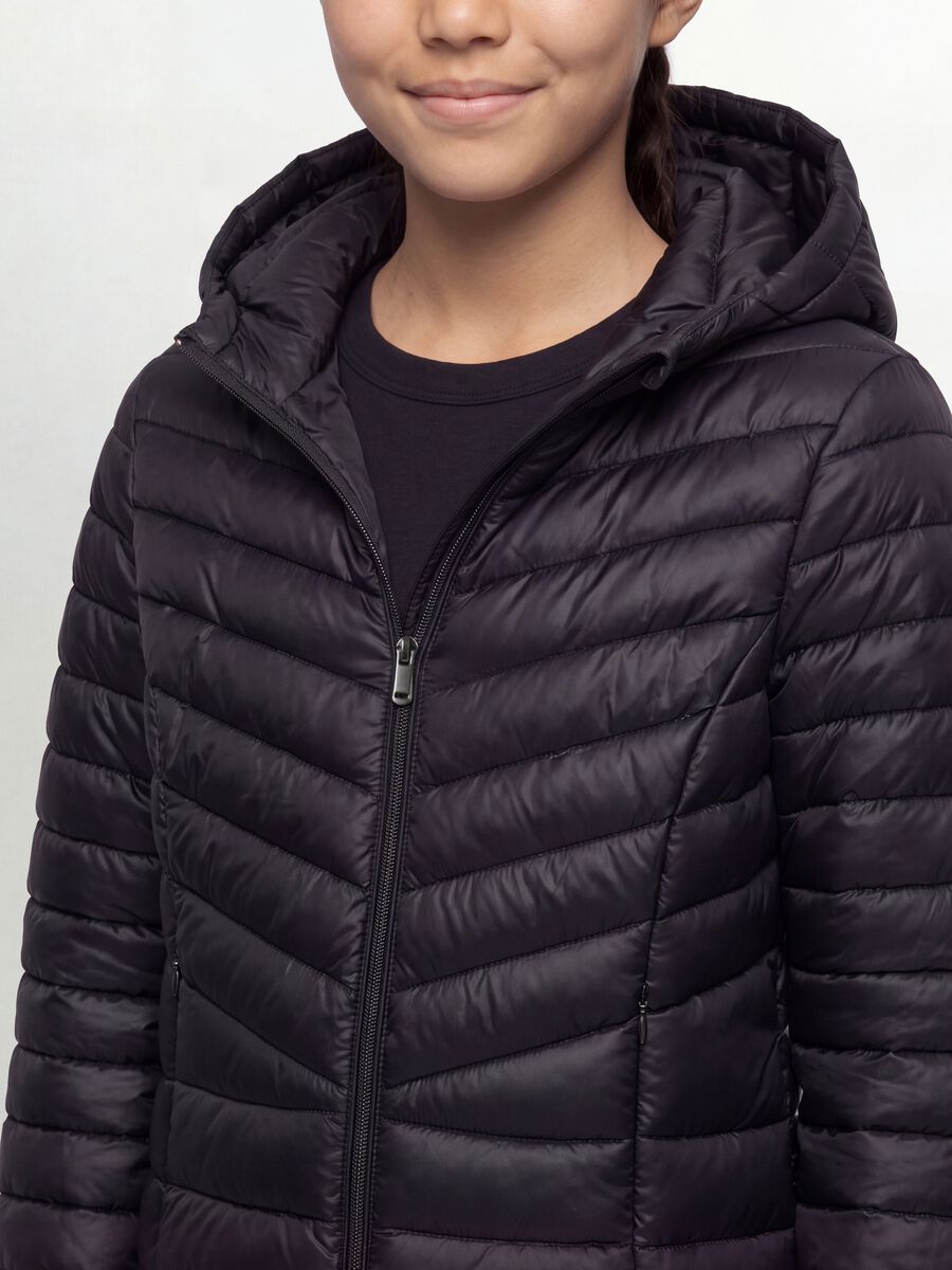 Black Ultralight padded jacket with hood and zip for girls_2