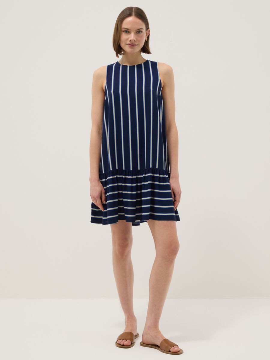 Sleeveless pure viscose multicolour striped dress, regular fit_0