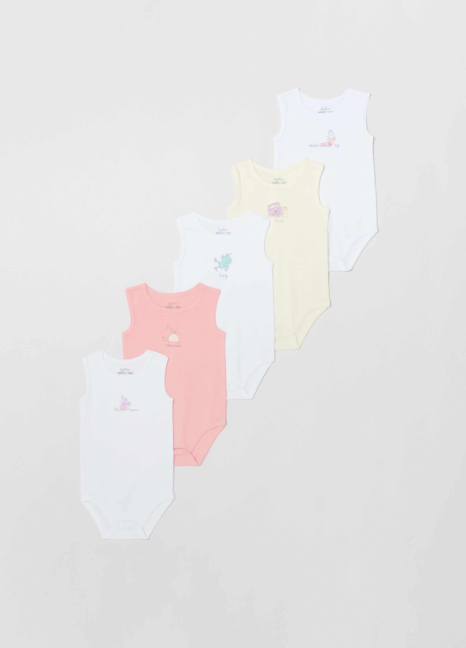 Five-pack cotton bodysuits with print
