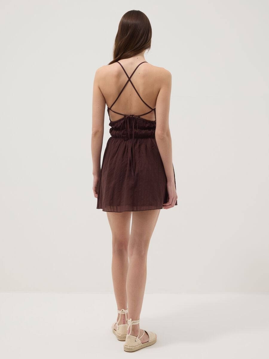 Brown pure cotton mini dress with thin straps, regular fit_3