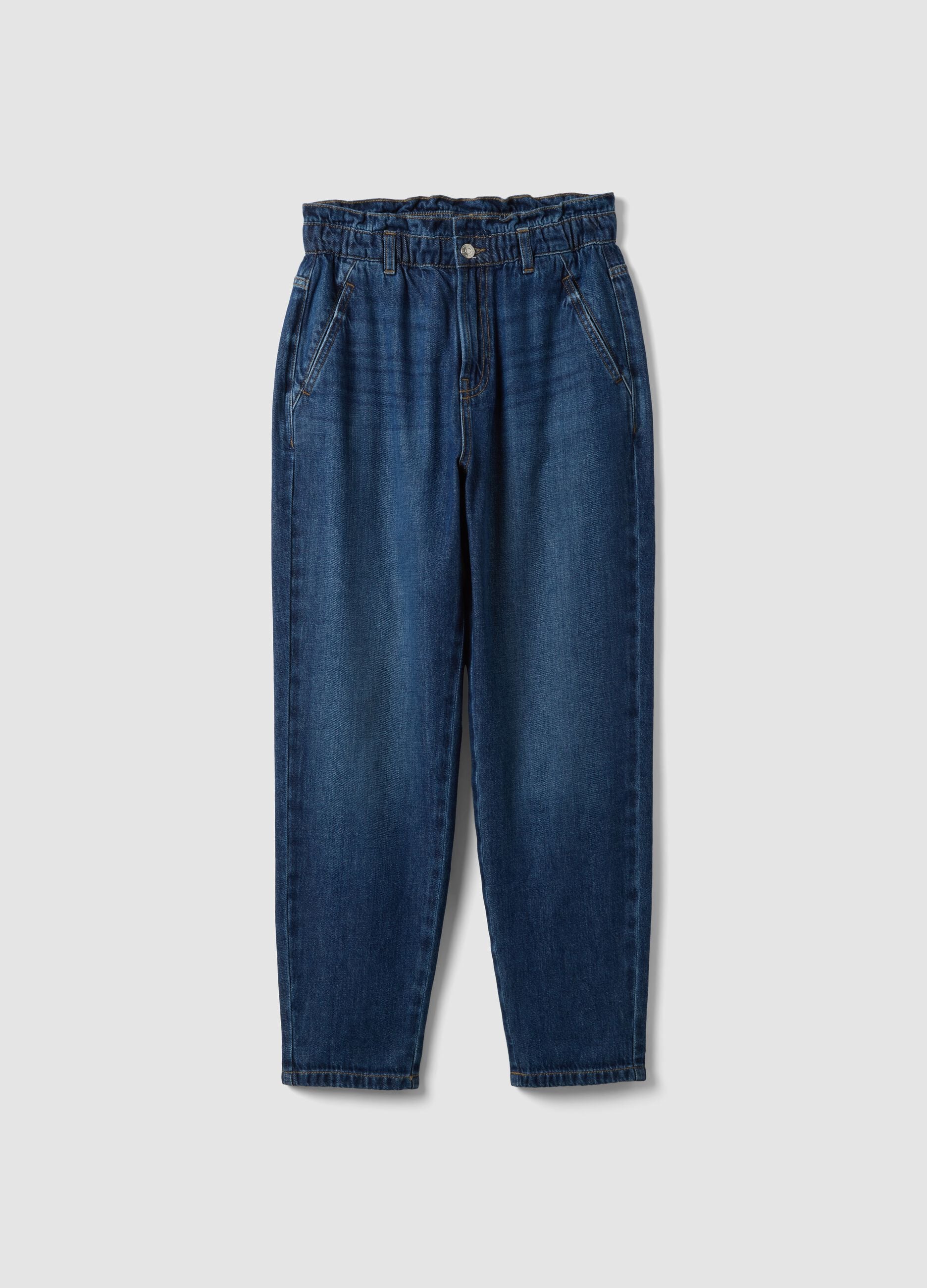 Blue denim baggy-fit jeans in pure cotton with paperbag waist