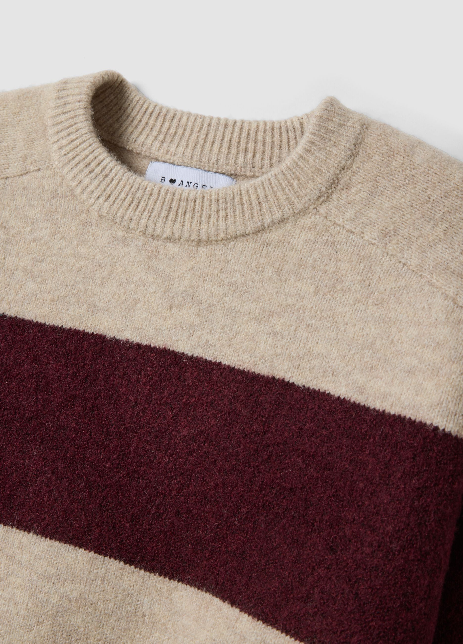 Beiger, gestreifter Crew-Neck-Pullover aus Stretchwolle