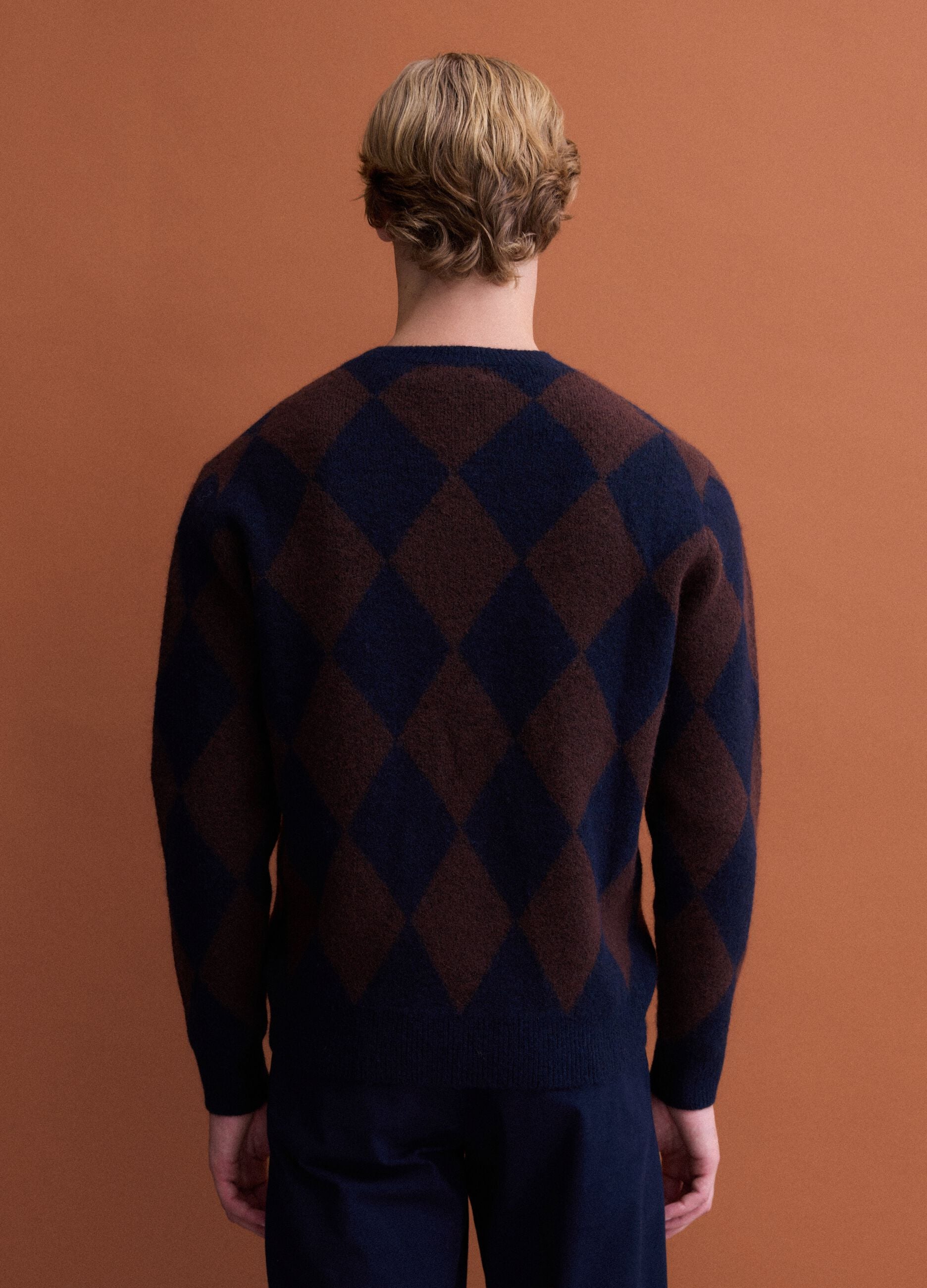 Blue and brown stretch wool jacquard jumper, regular fit