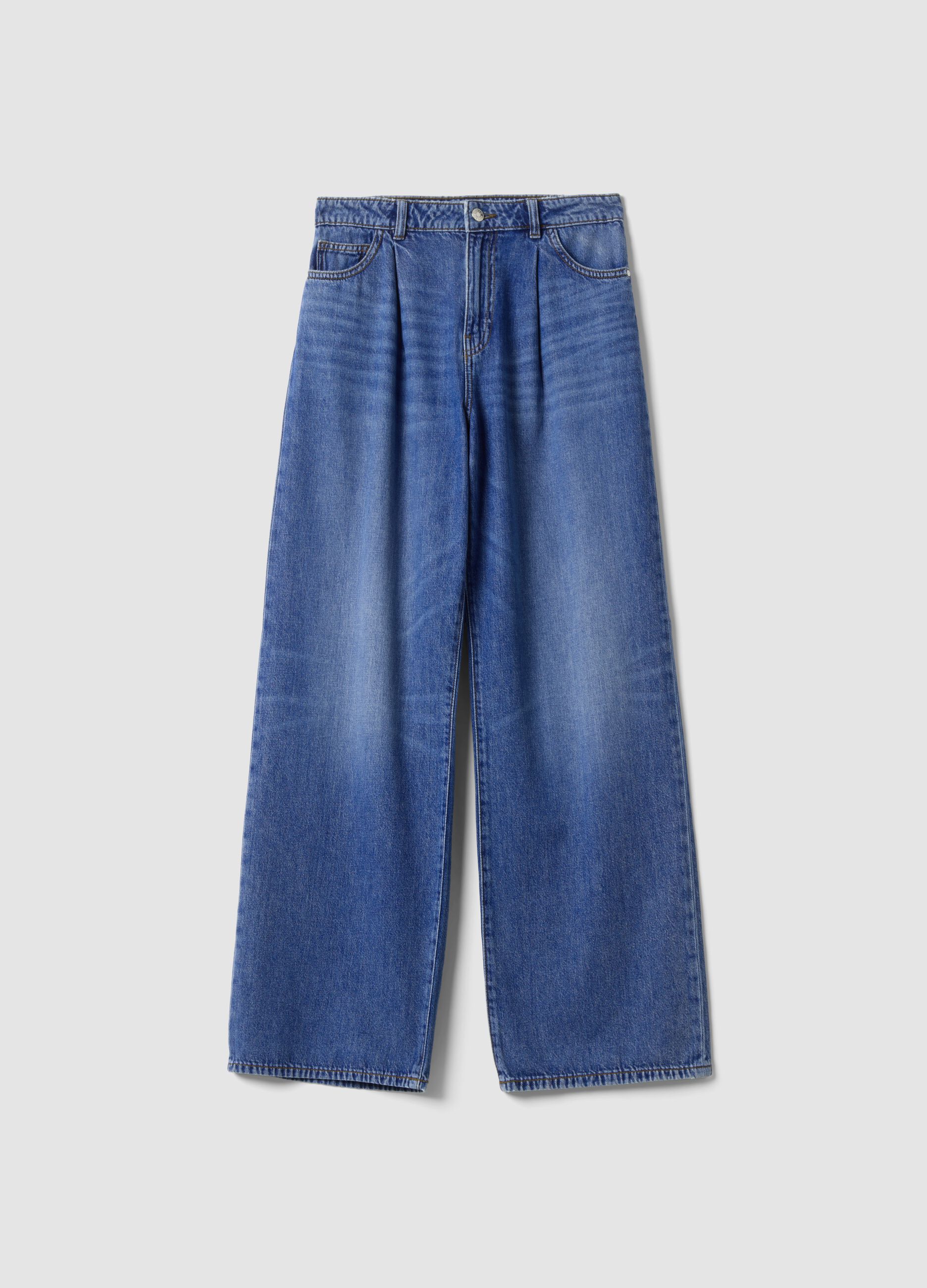 High-waisted wide-leg blue jeans in pure cotton