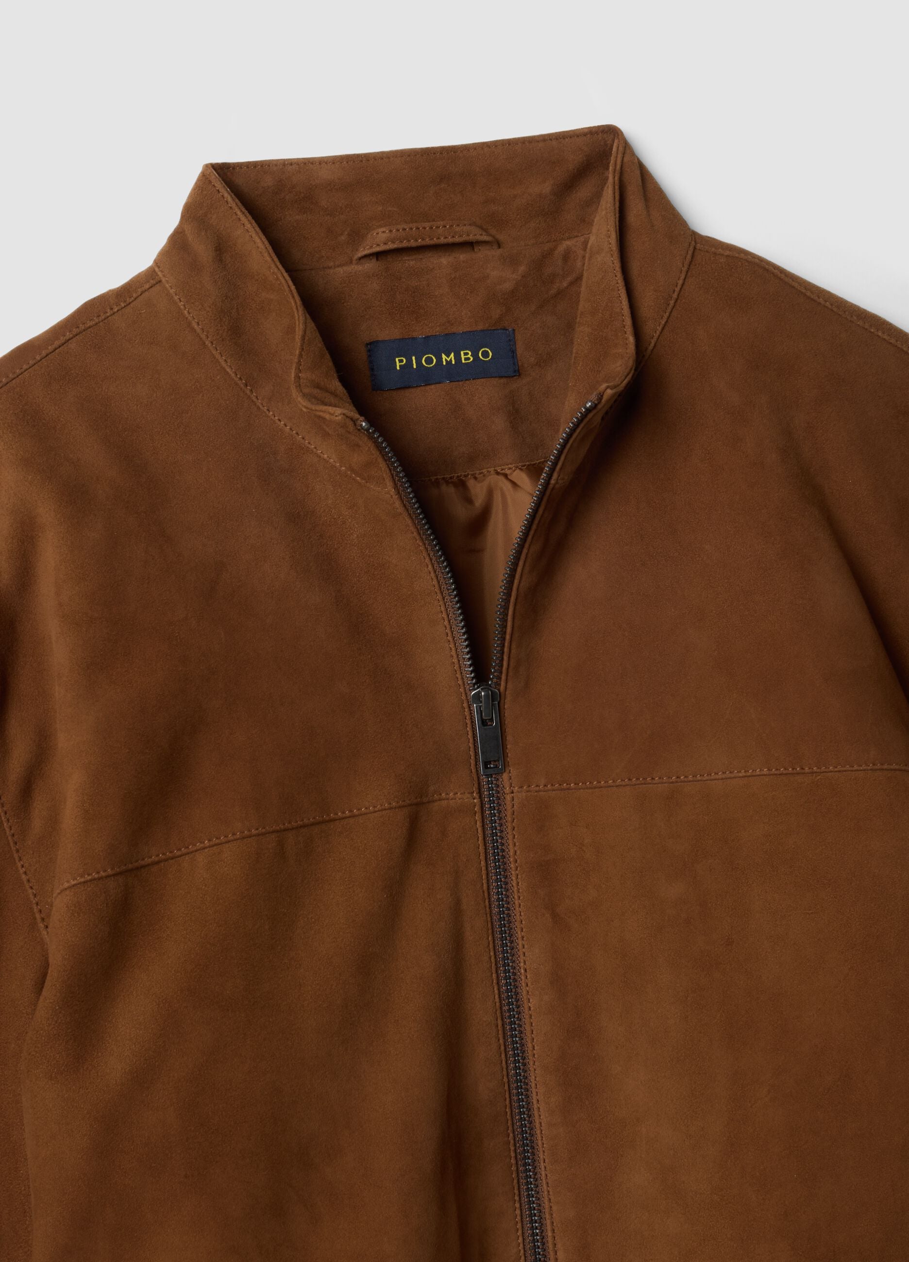 Brown genuine leather jacket with zip, regular fit