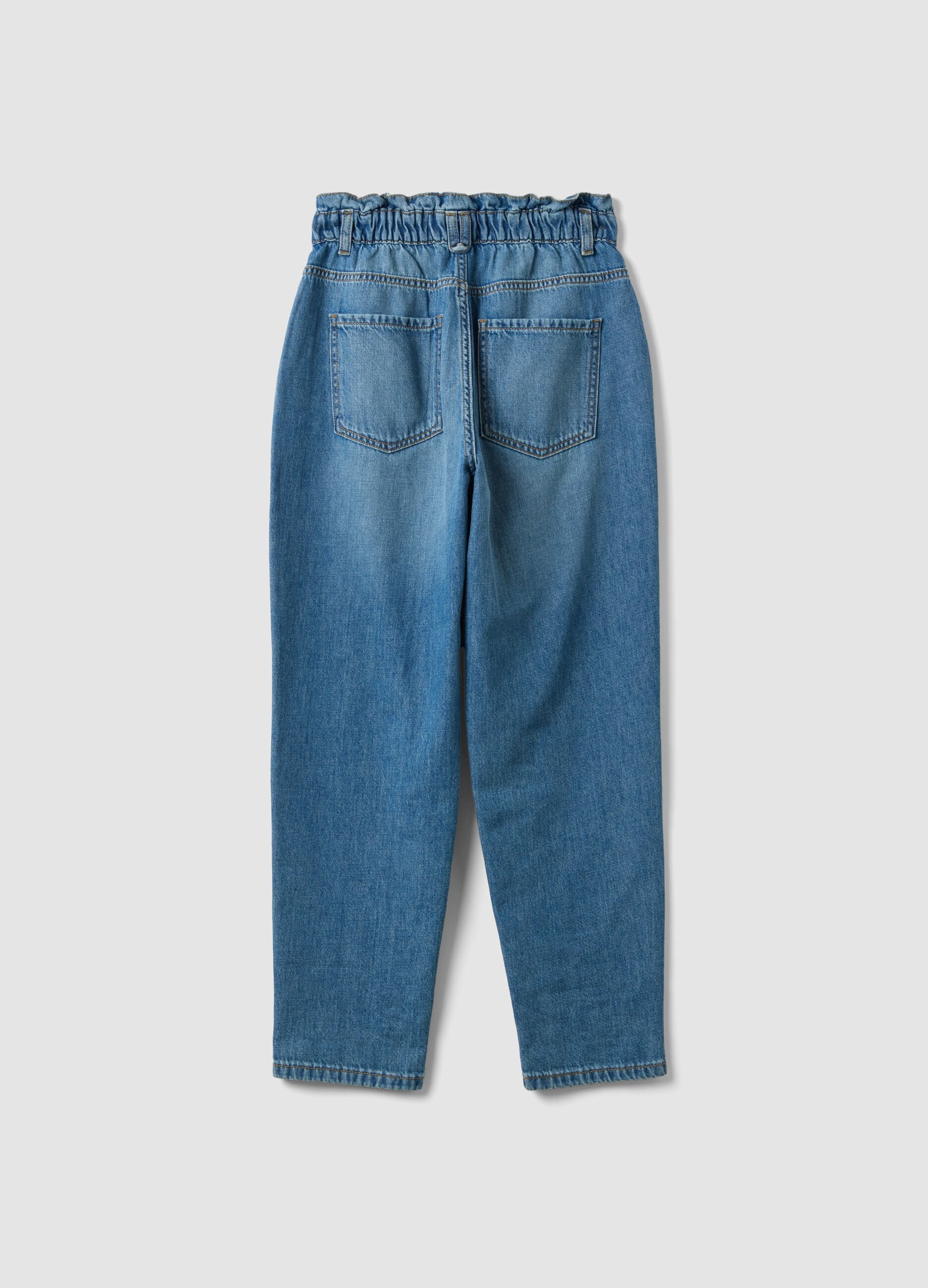 Jeans denim azzurri in puro cotone con vita paperbag baggy fit