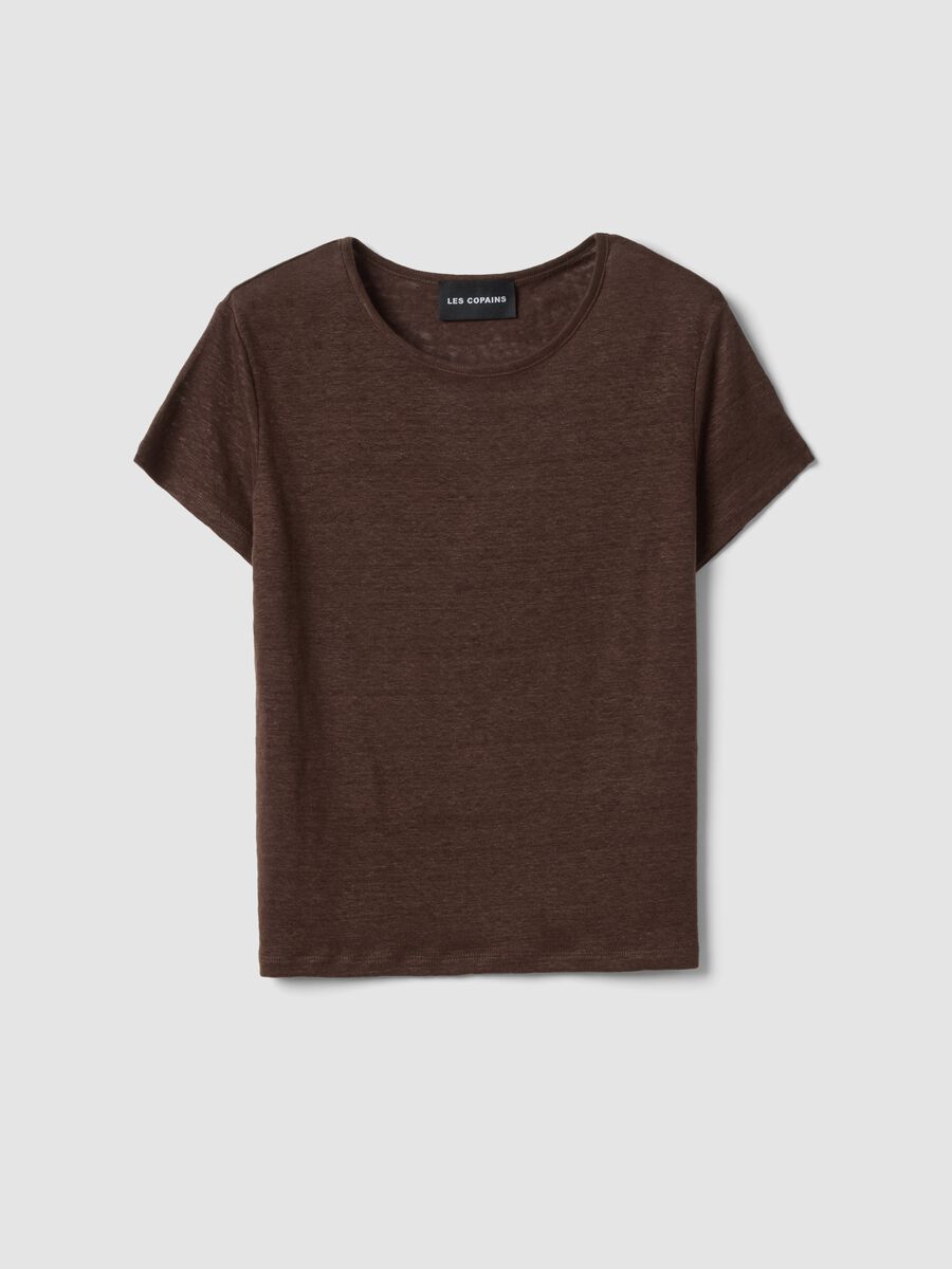 Camiseta marr&oacute;n de manga corta en lino puro, corte regular_4