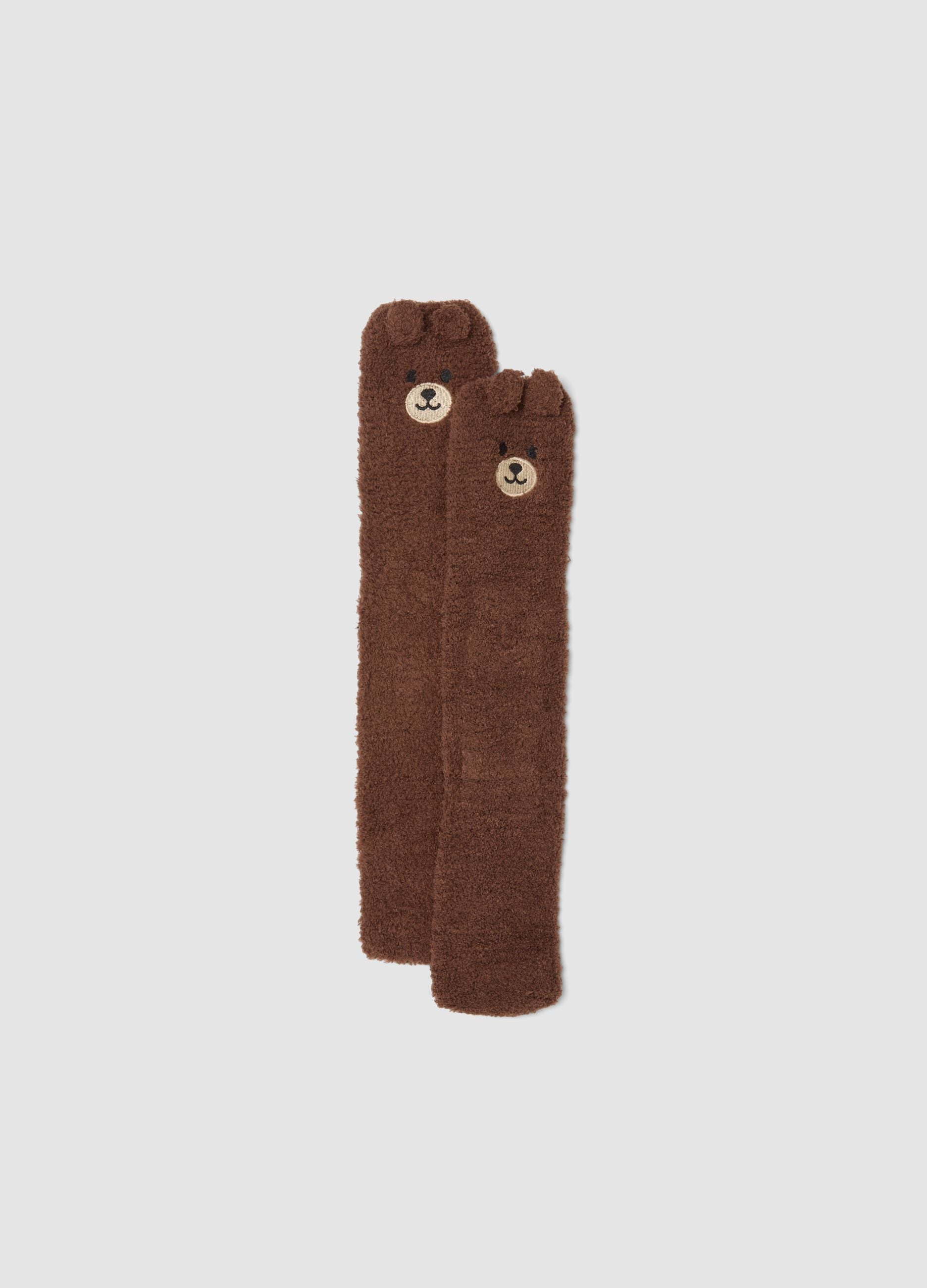 Brown stretch-fabric socks with teddy bear motif