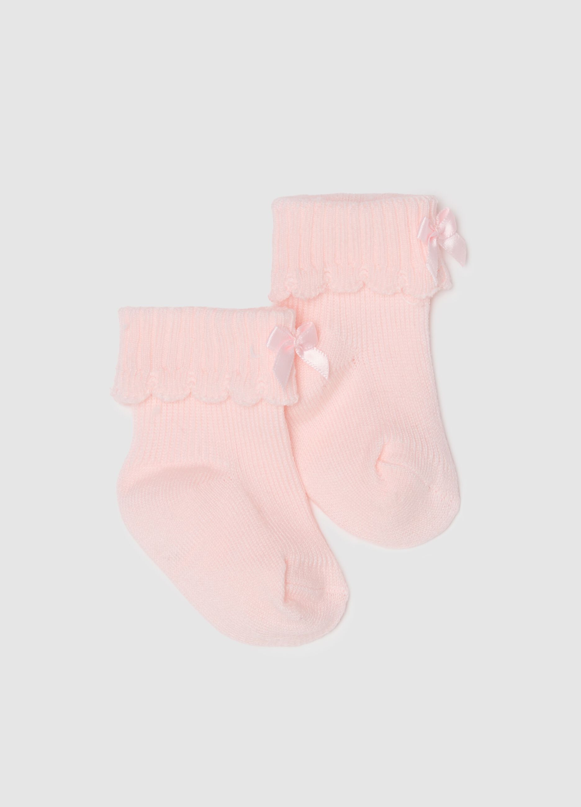 Baby girl's pink stretch cotton blend booties with bow