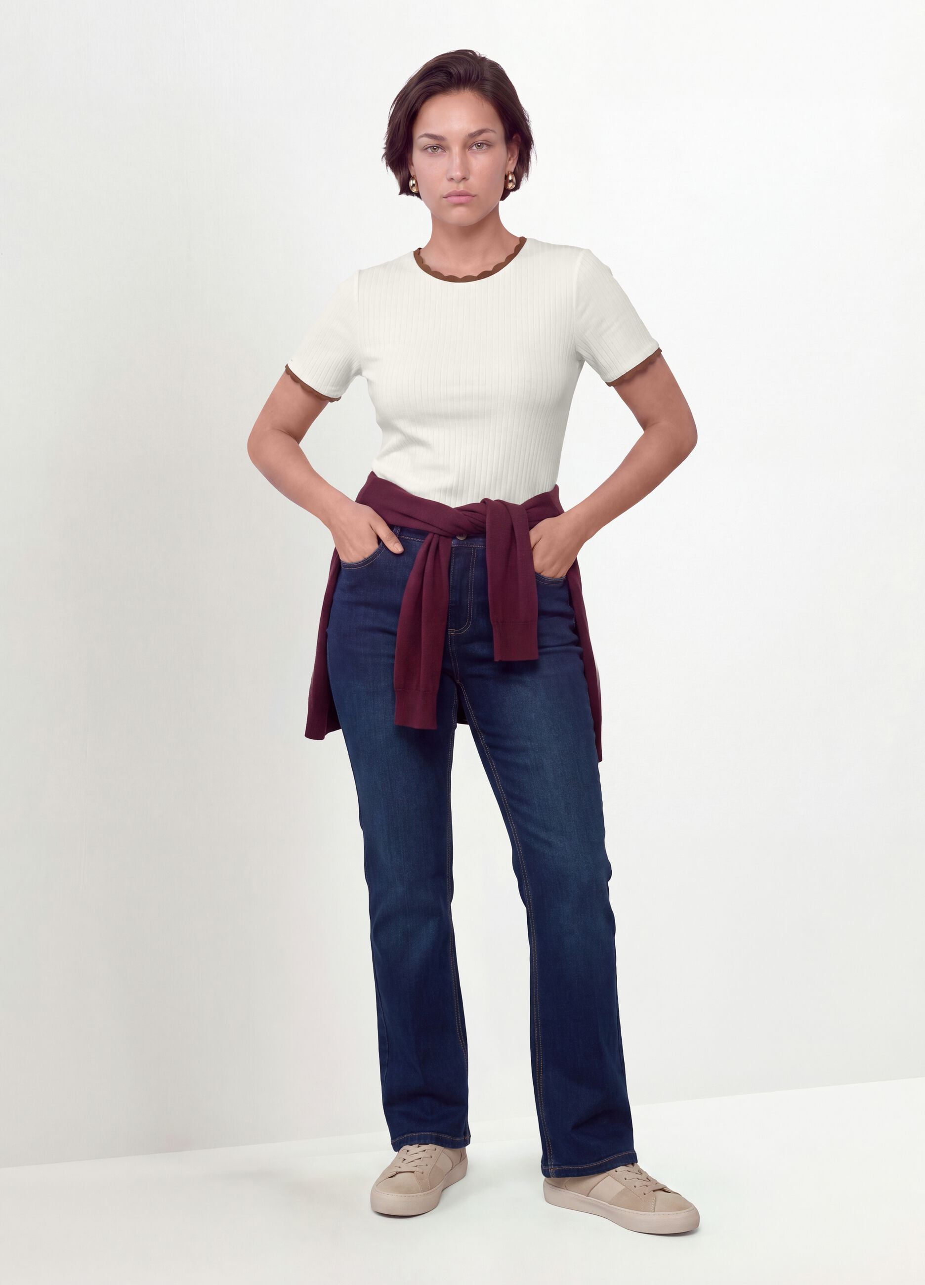 White stretch viscose crew-neck T-shirt with contrast trims