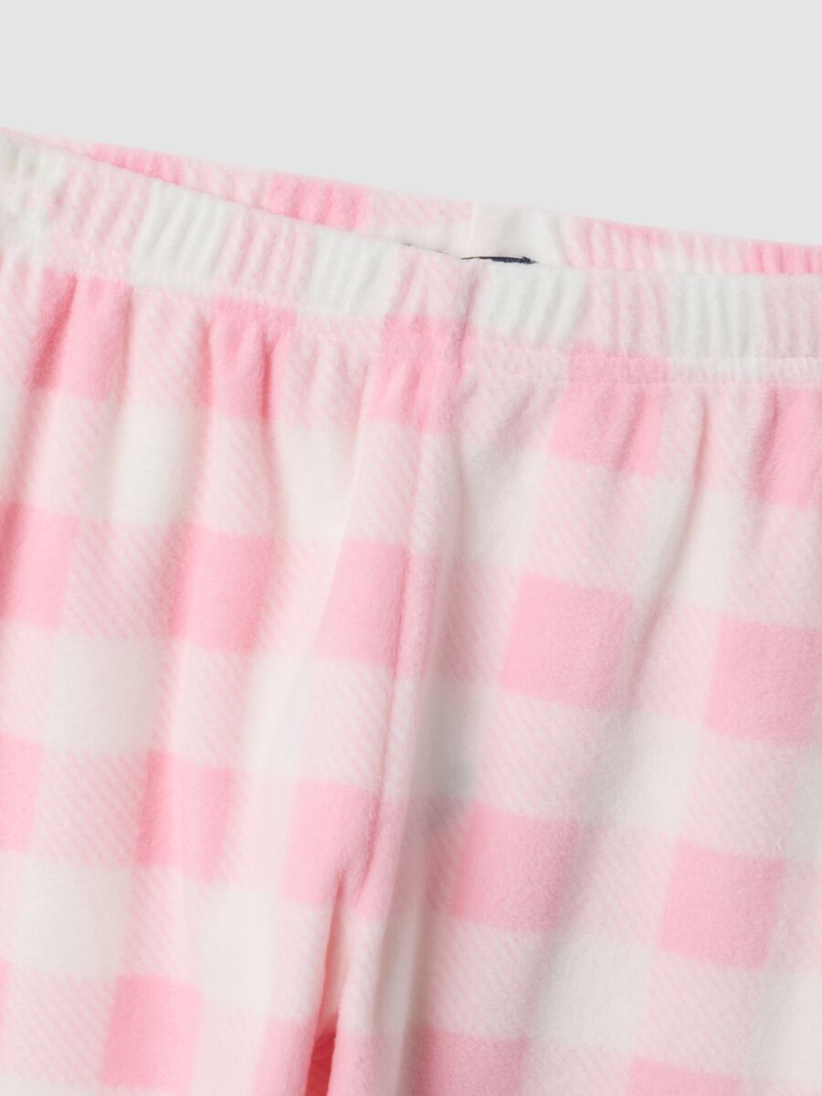 Pigiama rosa girocollo con stampa gatto e pantaloni a quadri_3