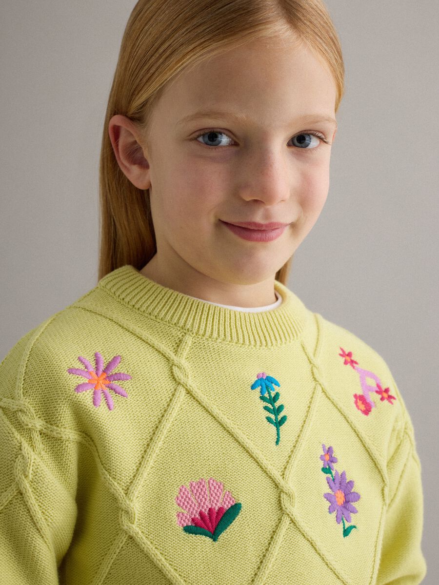 Girls' Yellow Pure Cotton Jumper Regular Fit with Floral Embroidery_2