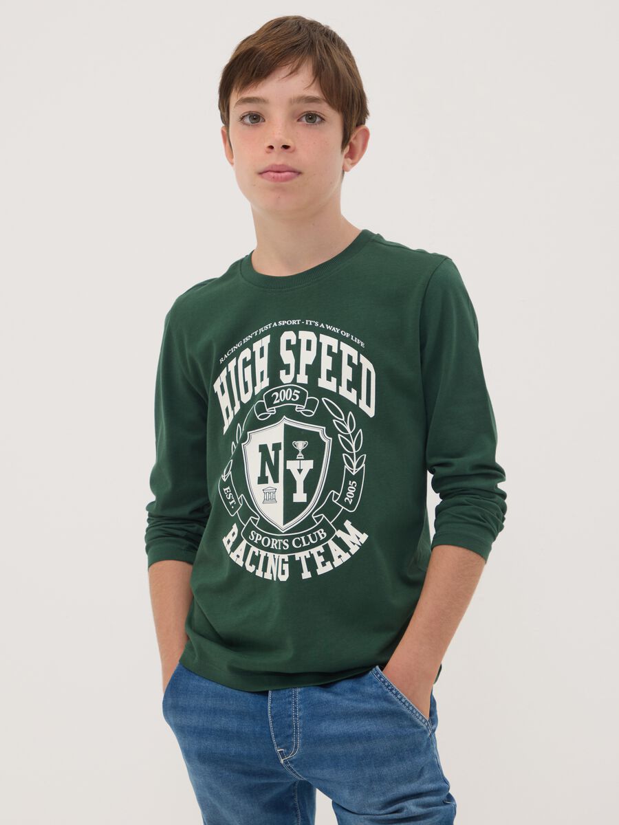 Green organic cotton T-shirt with varsity print_1
