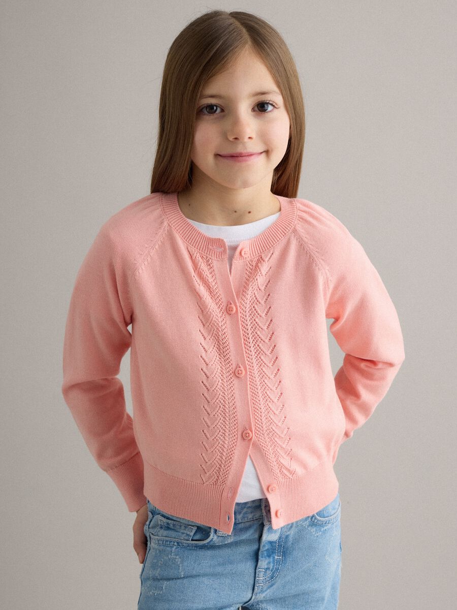 Girl's pink pure cotton regular fit cardigan with cable patterns_0