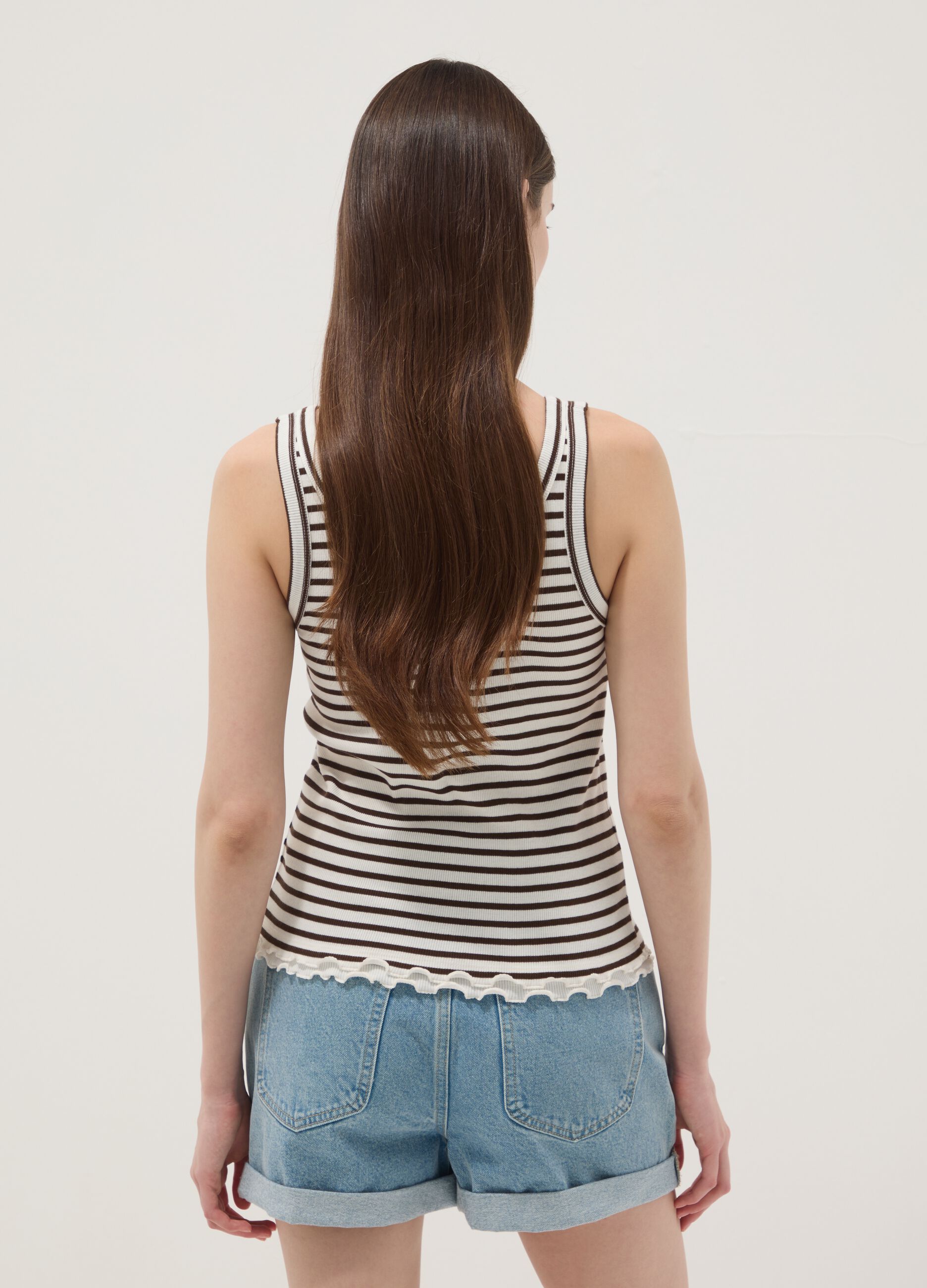 Brown striped pure cotton regular-fit tank top