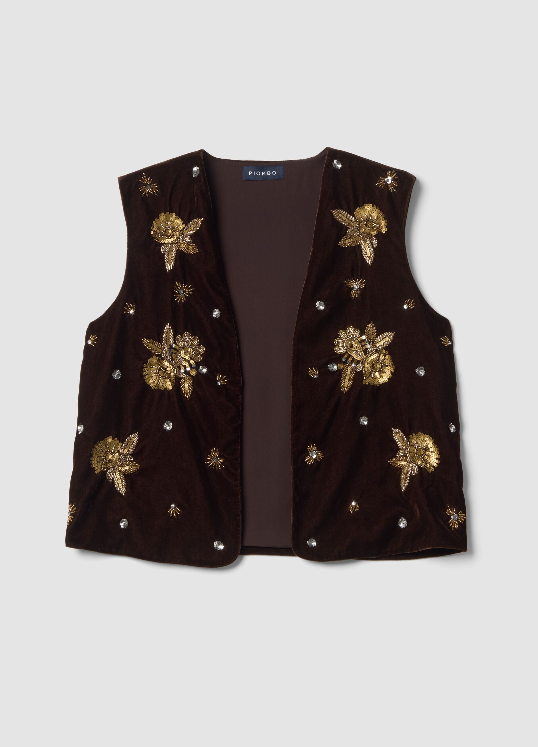 Gilet marrone con ricami floreali e paillettes slim fit