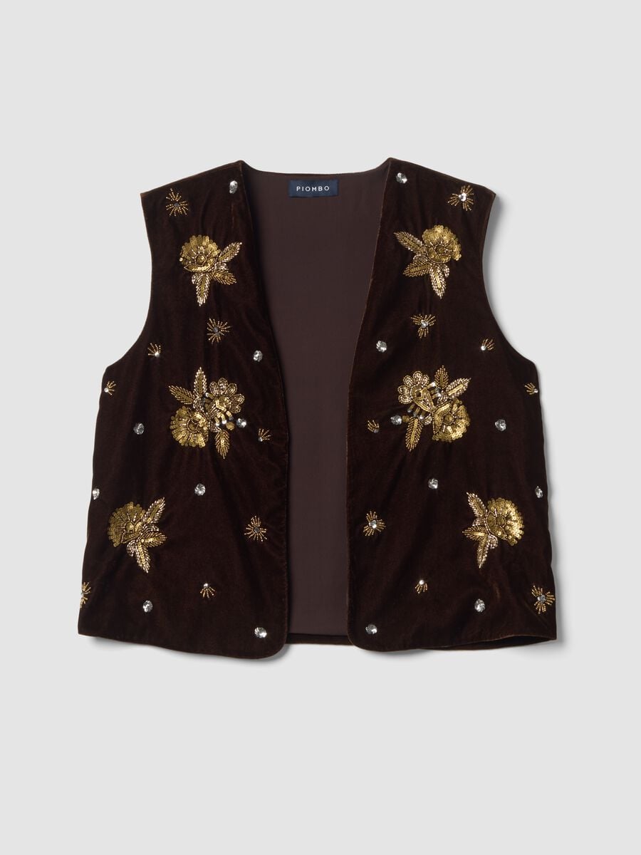 Gilet marrone con ricami floreali e paillettes slim fit_0