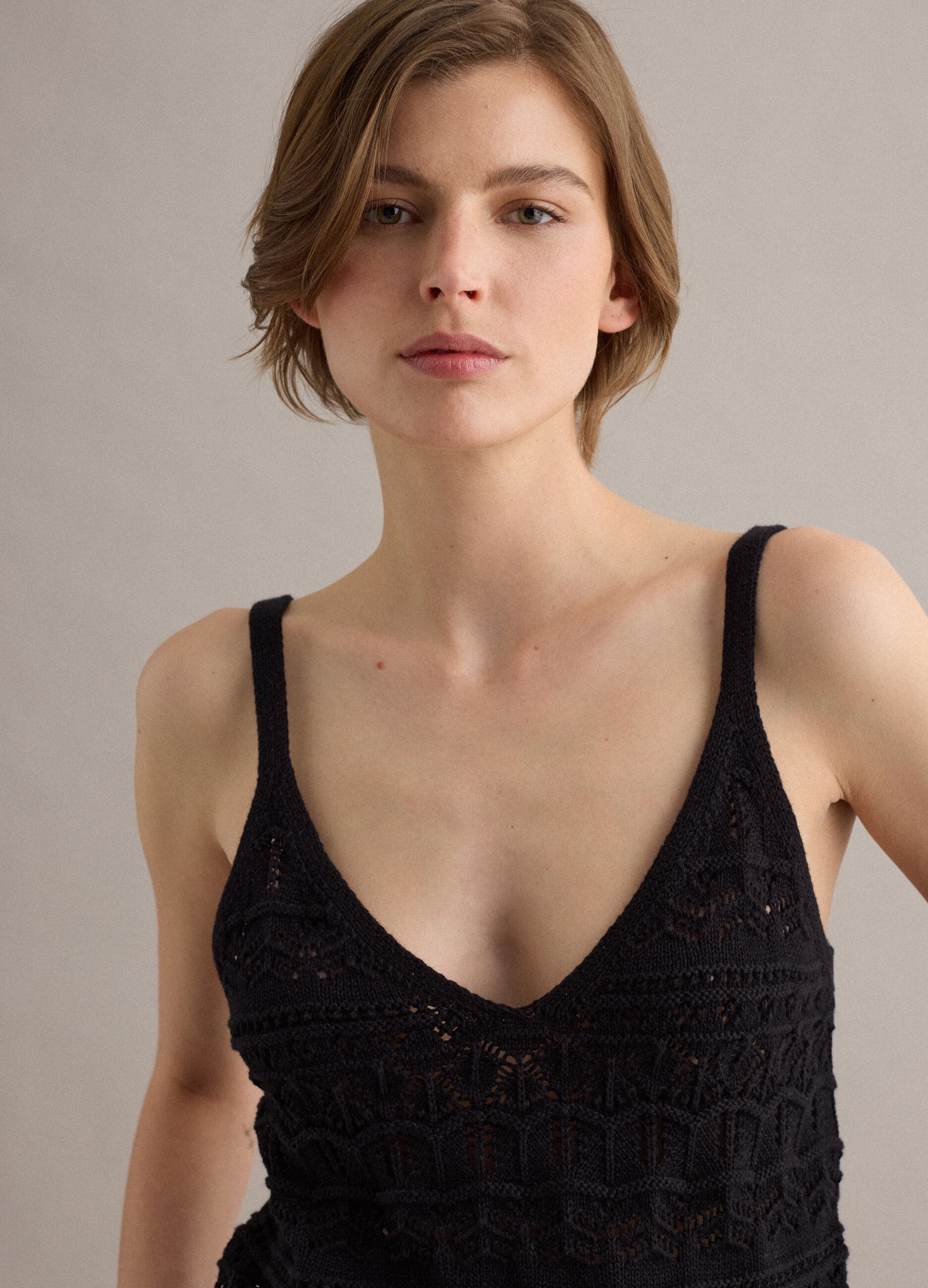 Black pure cotton regular-fit vest top with open-knit texture