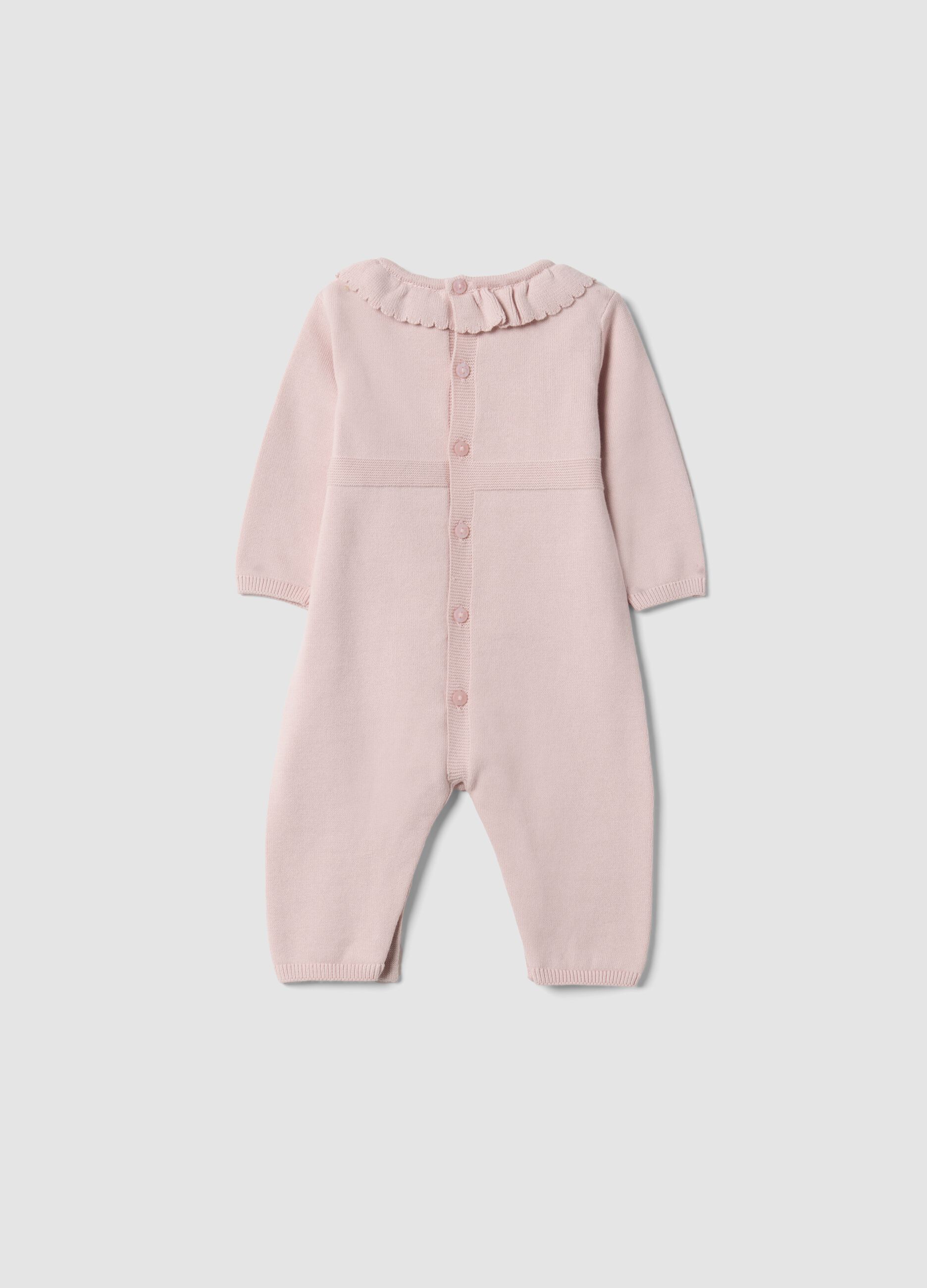 Pink pure organic cotton baby girl sleepsuit with ruffle collar