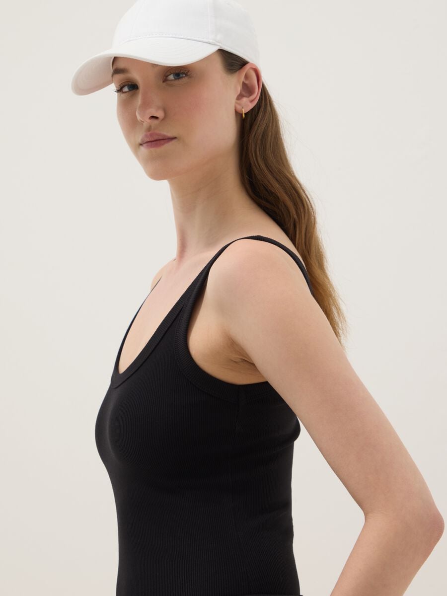 Black ribbed stretch-cotton bodysuit with wide neckline_0