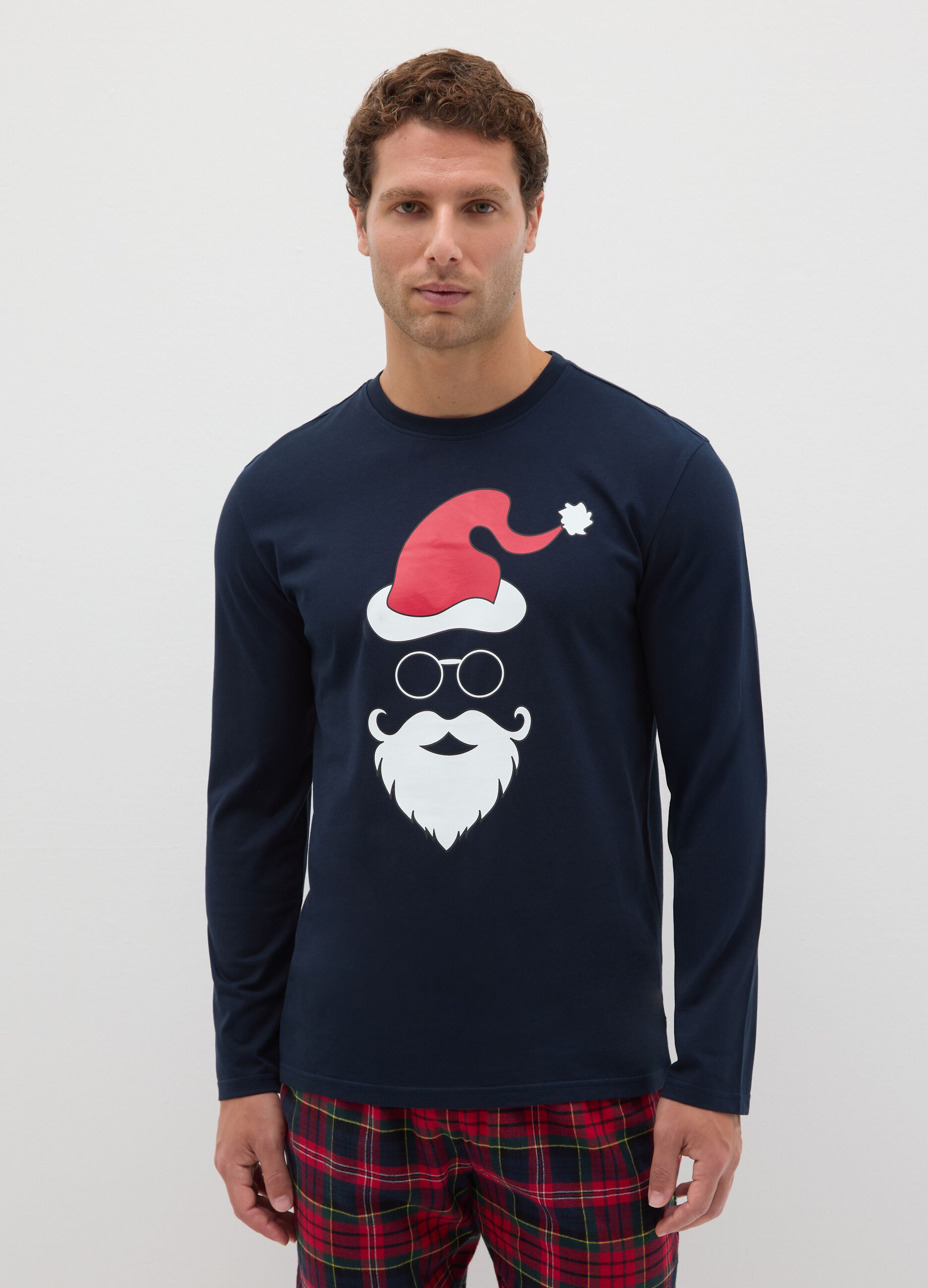 Regular fit blue Christmas pyjama top in pure cotton