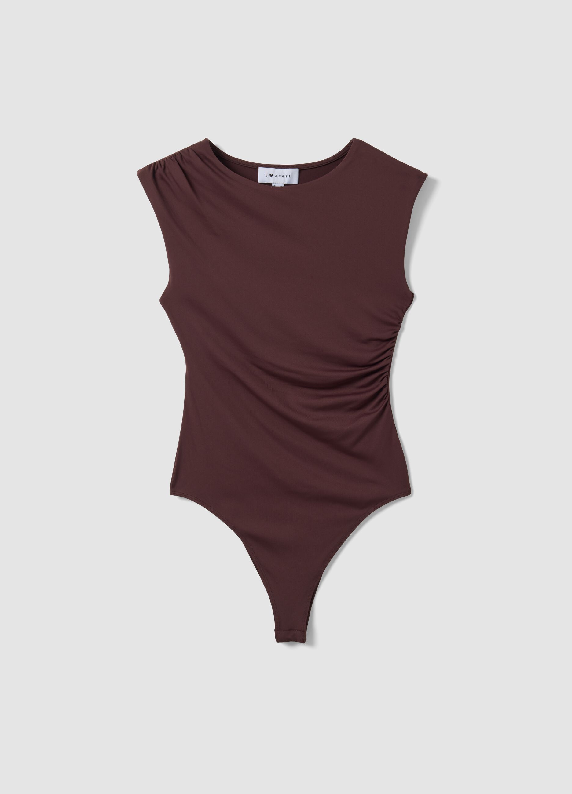 Body marrone in tessuto elasticizzato con arricciature regular fit