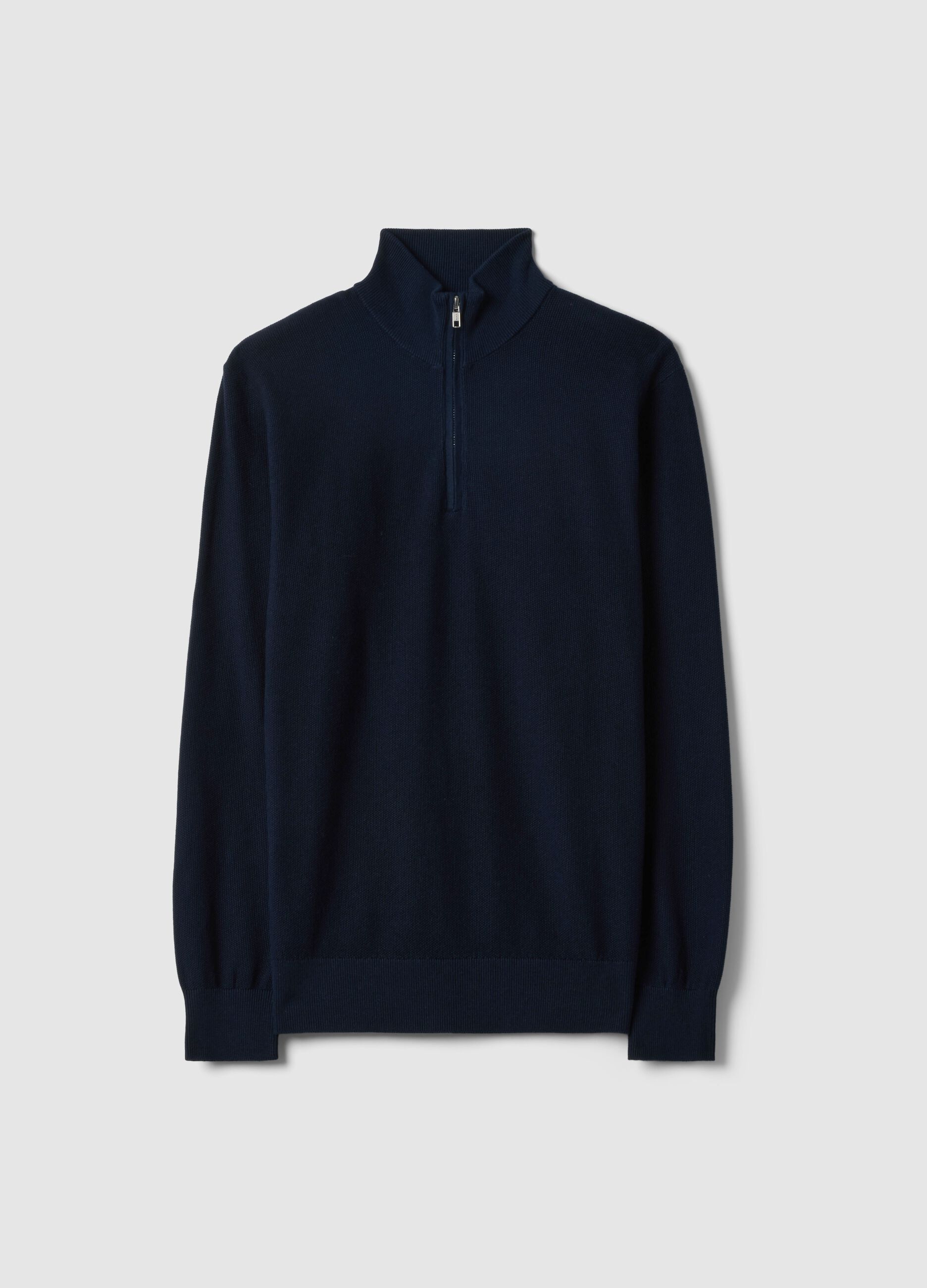 Pure cotton blue regular fit sweater with high neck and zip