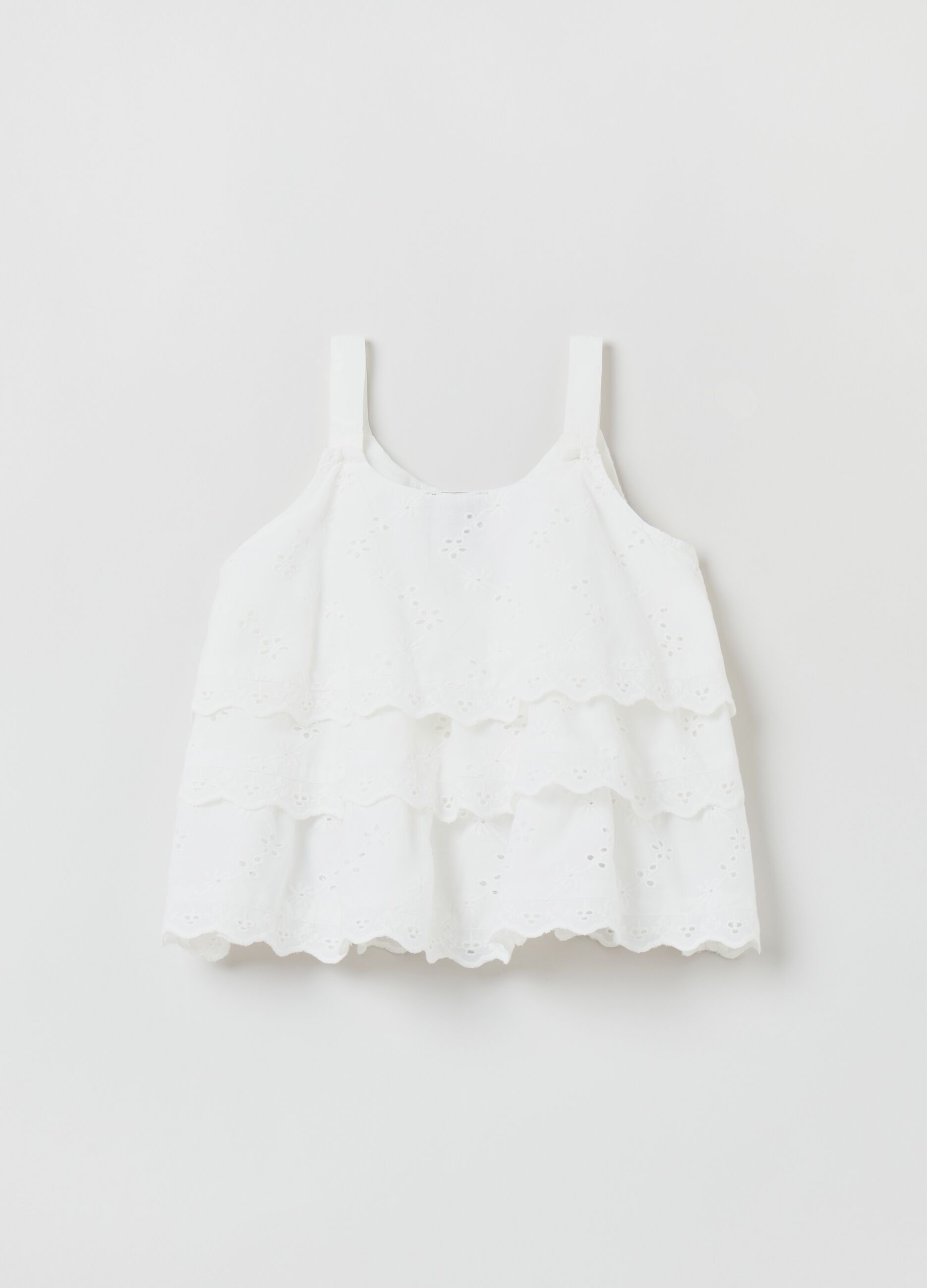 Tiered tank top in broderie anglaise cotton