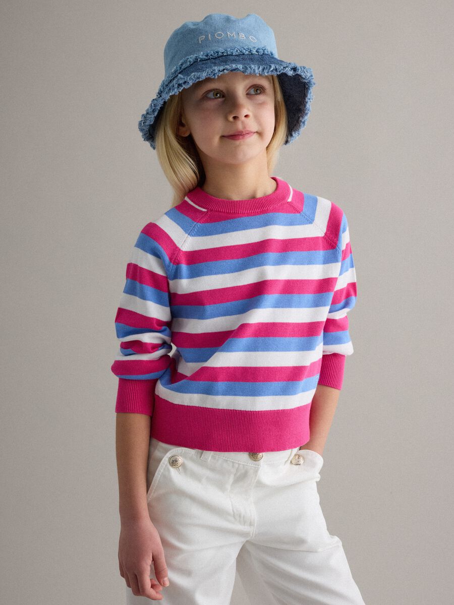 Girl's regular fit blue denim pure cotton bucket hat with fringes_1