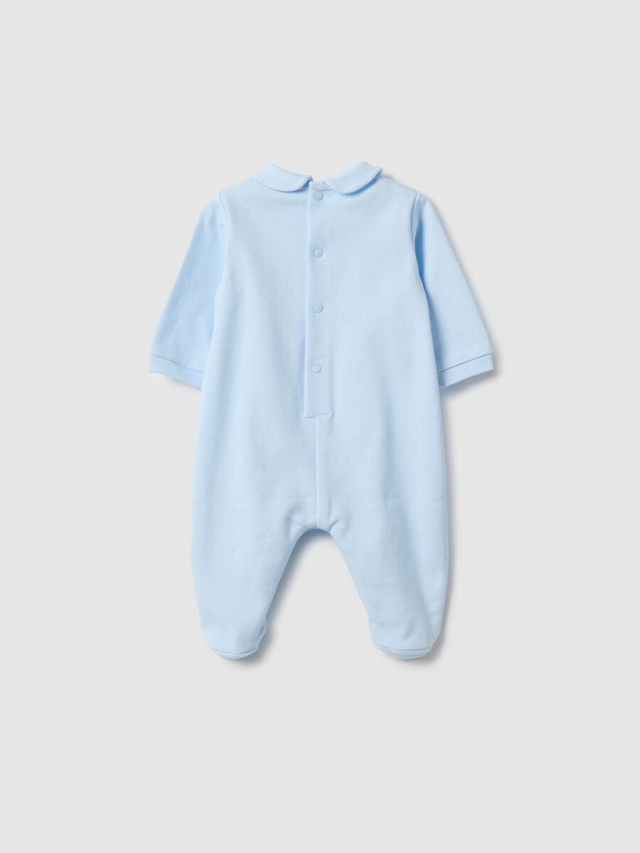 Blue pure cotton baby romper with long sleeves and embroidery_1