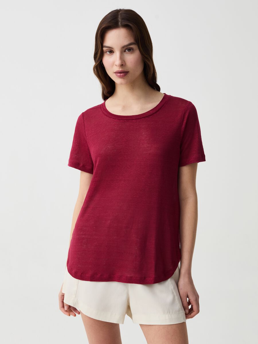 Camiseta de lino con cuello redondo_0