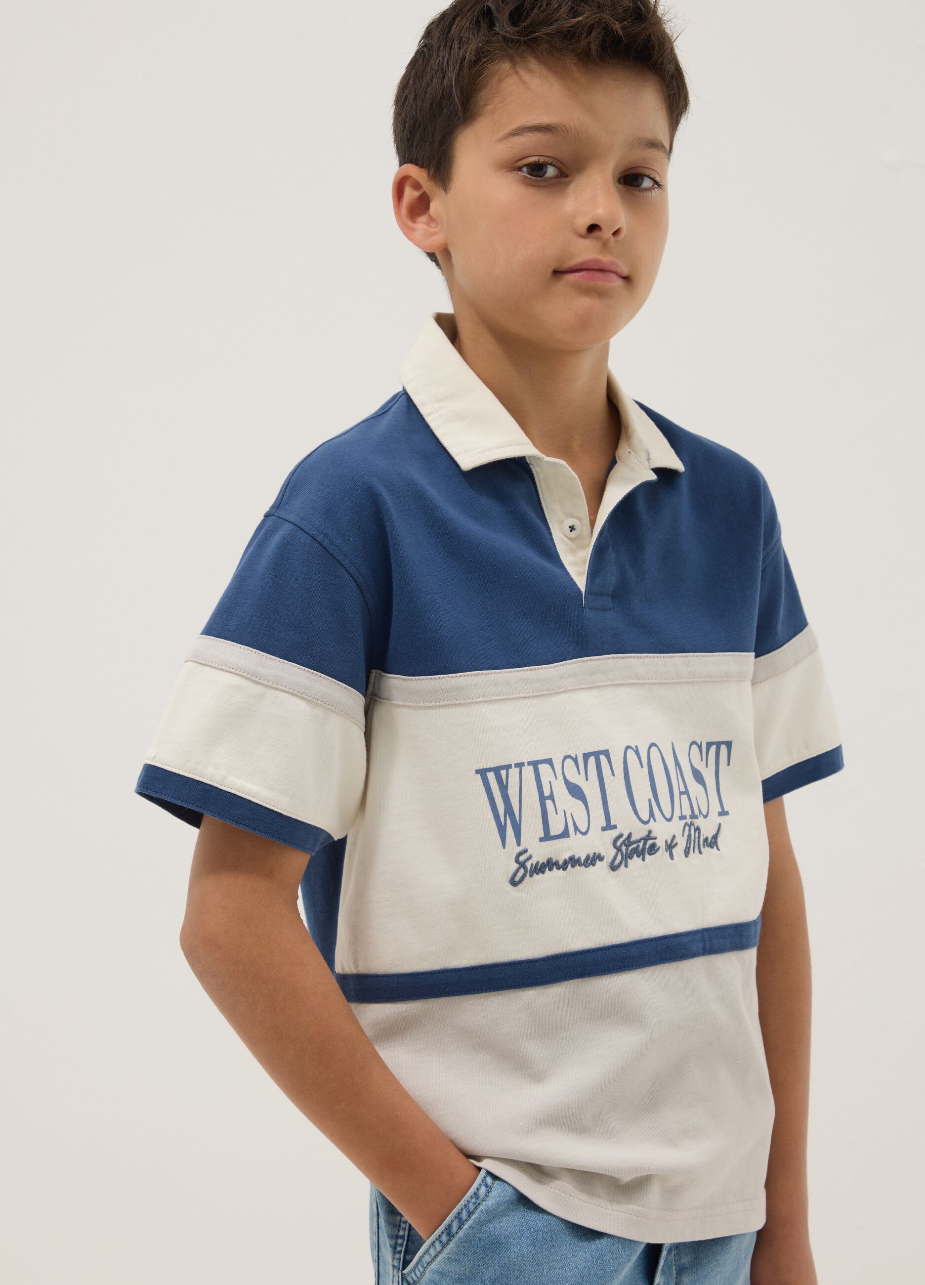 Blaues Kurzarm-Poloshirt aus reiner Baumwolle