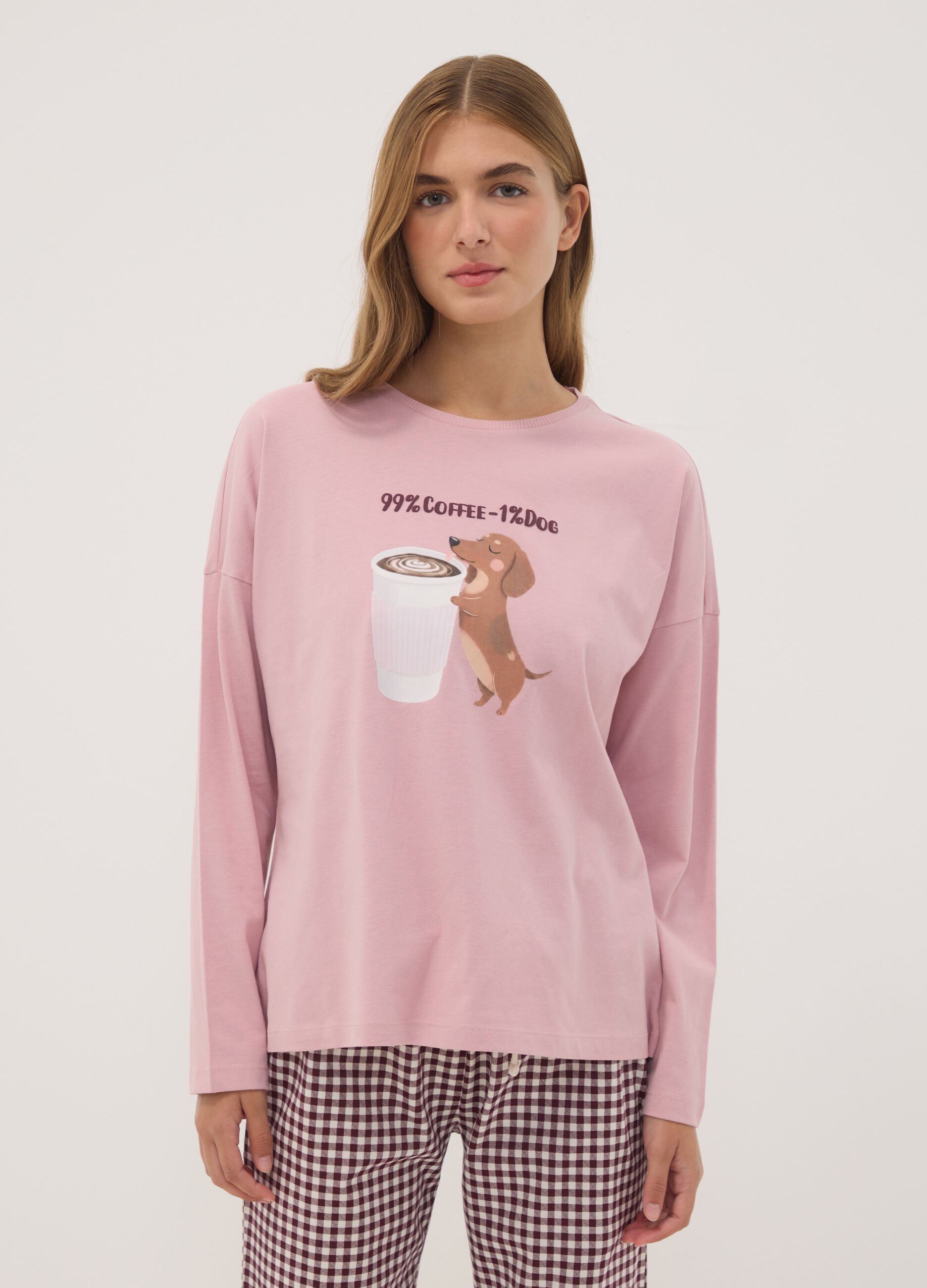 Pink pure organic cotton crew-neck pyjamas