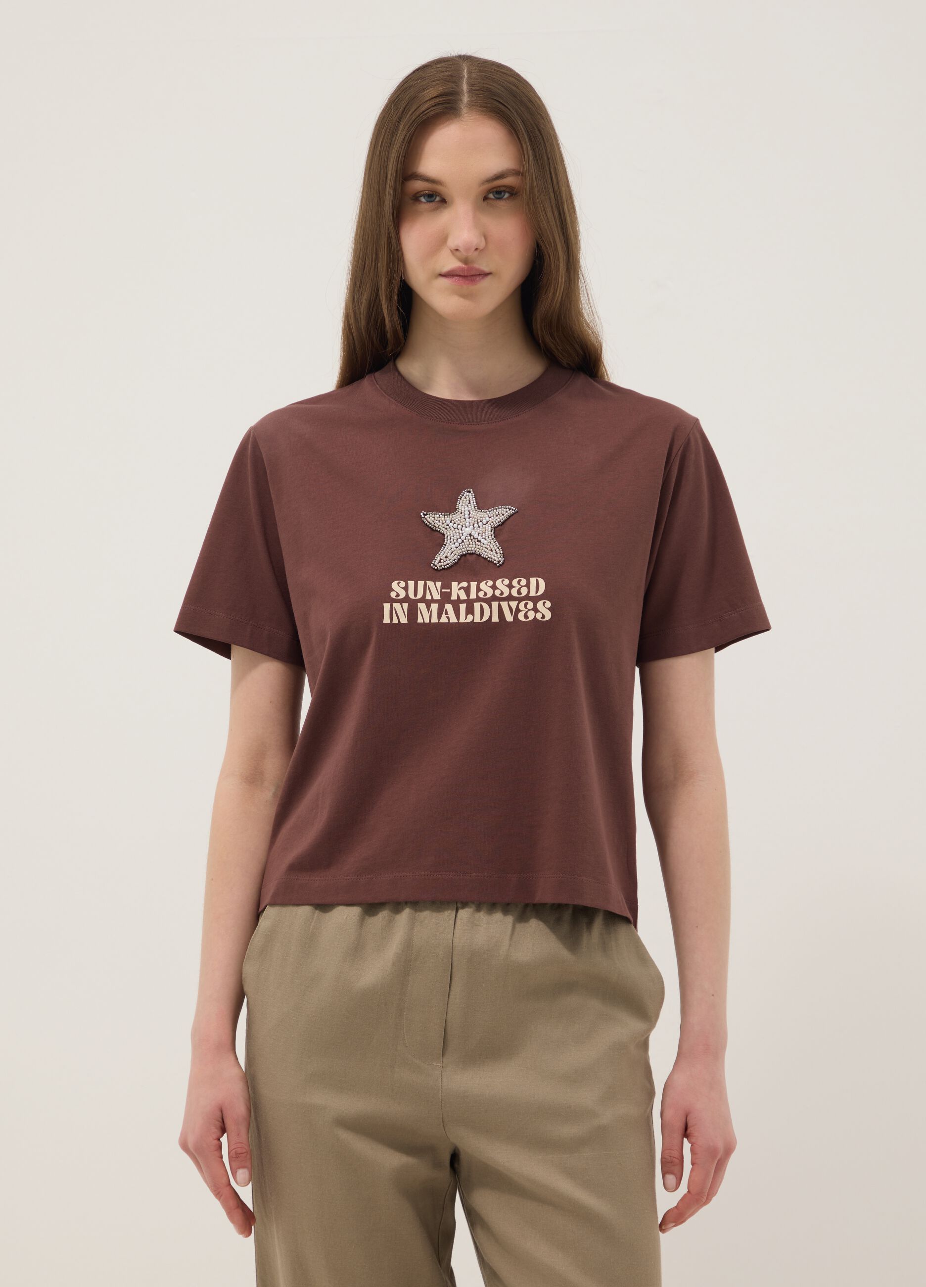 Brown short-sleeved pure cotton T-shirt