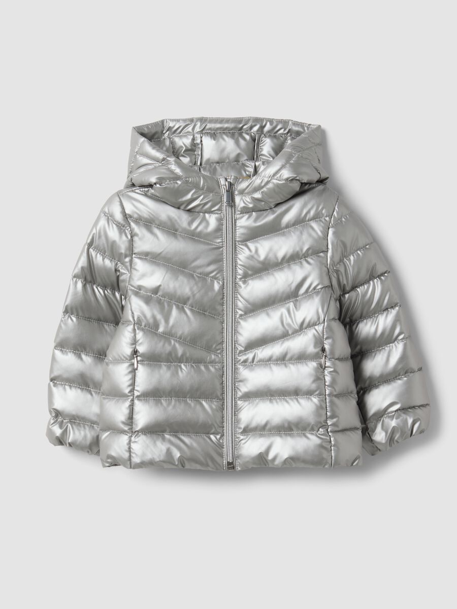Grey ultralight hooded puffer jacket with zip for baby girl_0